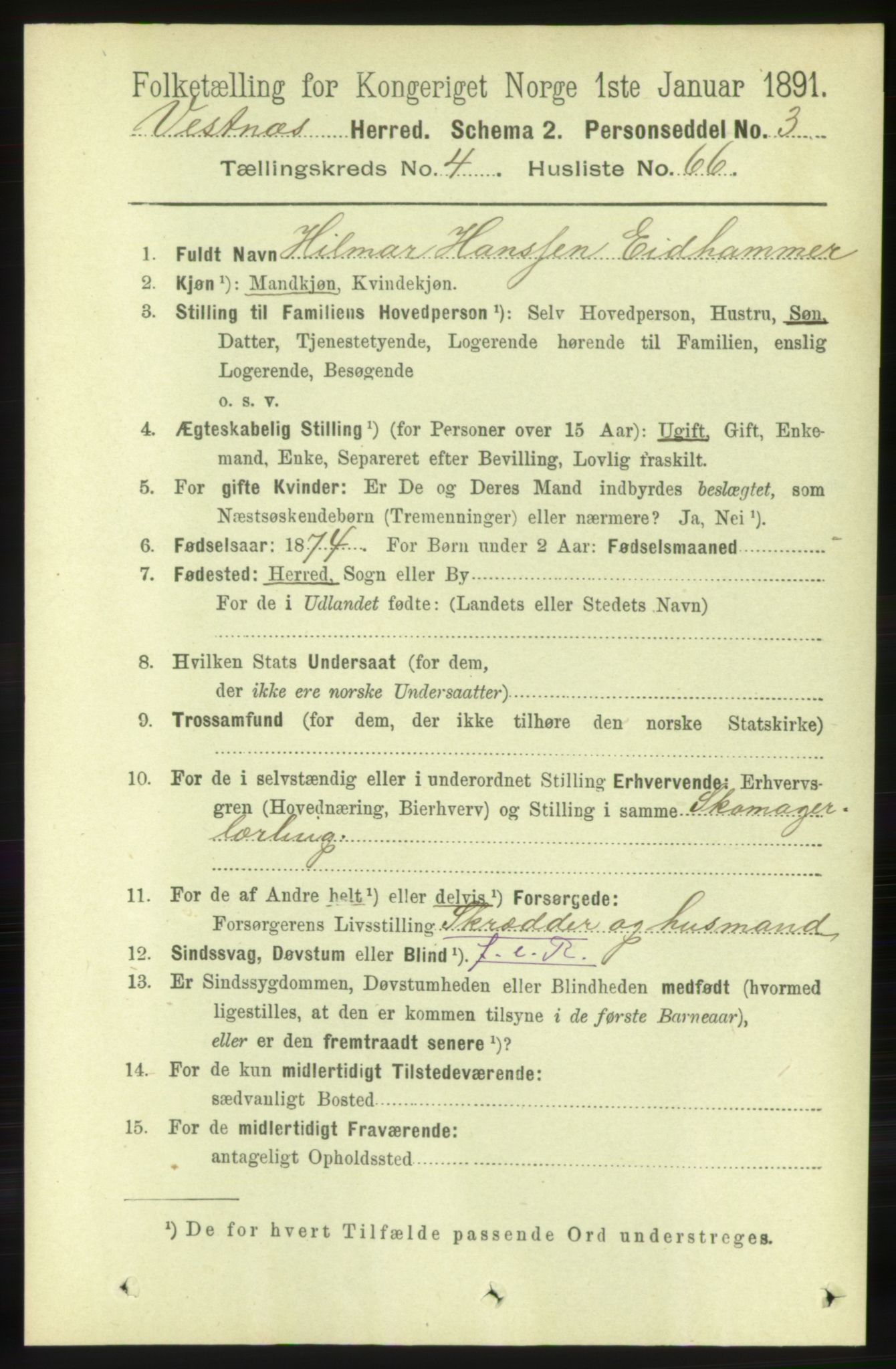 RA, 1891 census for 1535 Vestnes, 1891, p. 1663