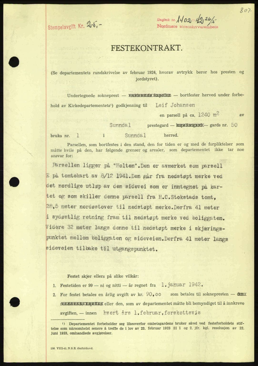 Nordmøre sorenskriveri, AV/SAT-A-4132/1/2/2Ca: Mortgage book no. A92, 1942-1942, Diary no: : 1402/1942