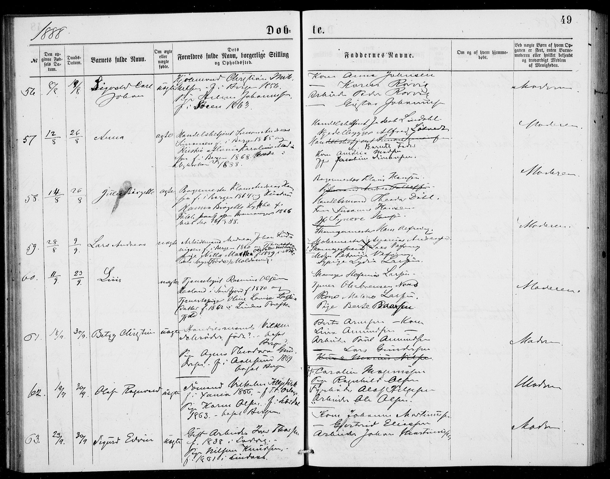 Fødselsstiftelsens sokneprestembete, ført av overlegen*, SAB/-: Parish register (official) no. A 2, 1884-1900, p. 49