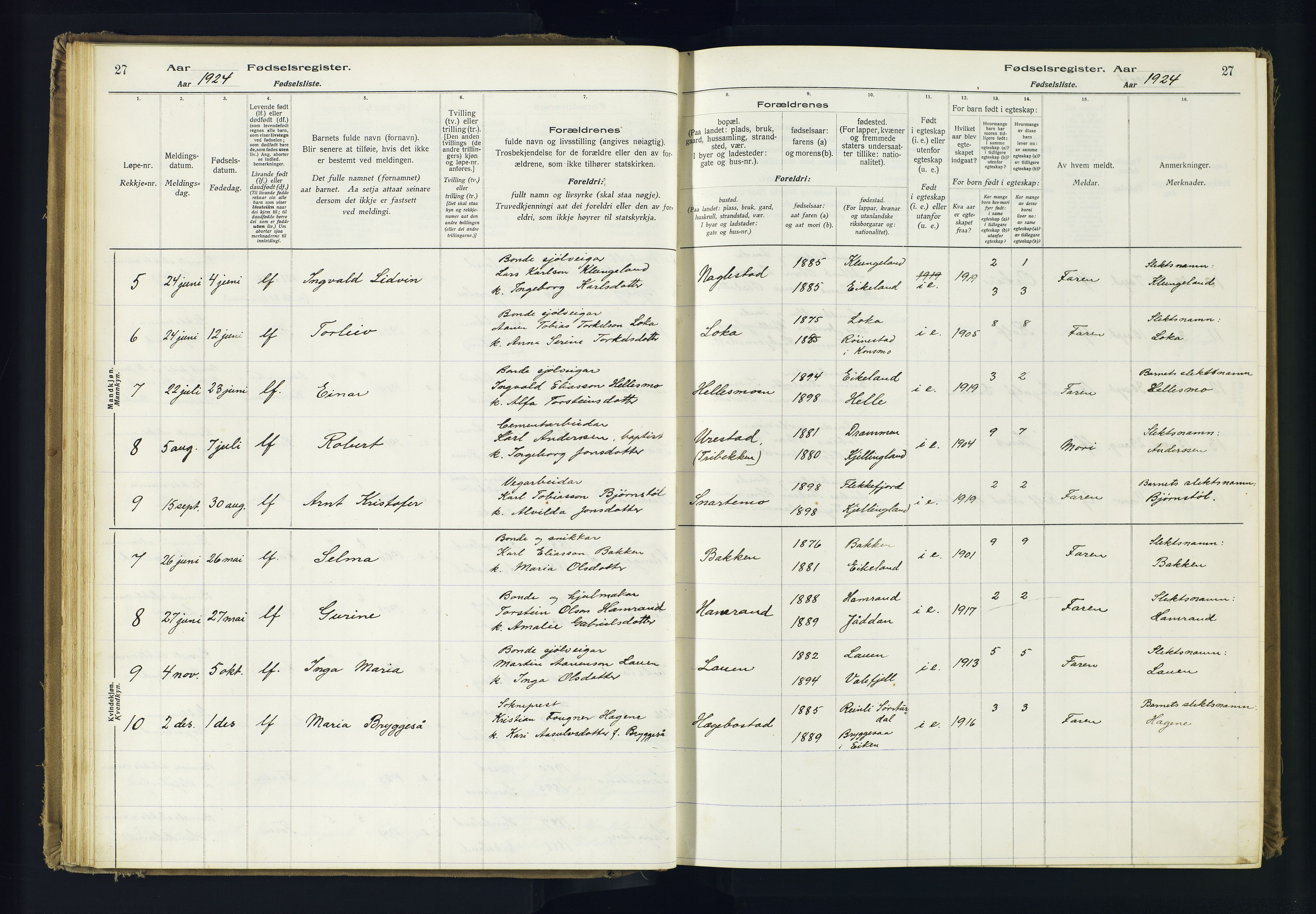 Hægebostad sokneprestkontor, AV/SAK-1111-0024/J/Ja/L0001: Birth register no. II.6.7, 1916-1982, p. 27