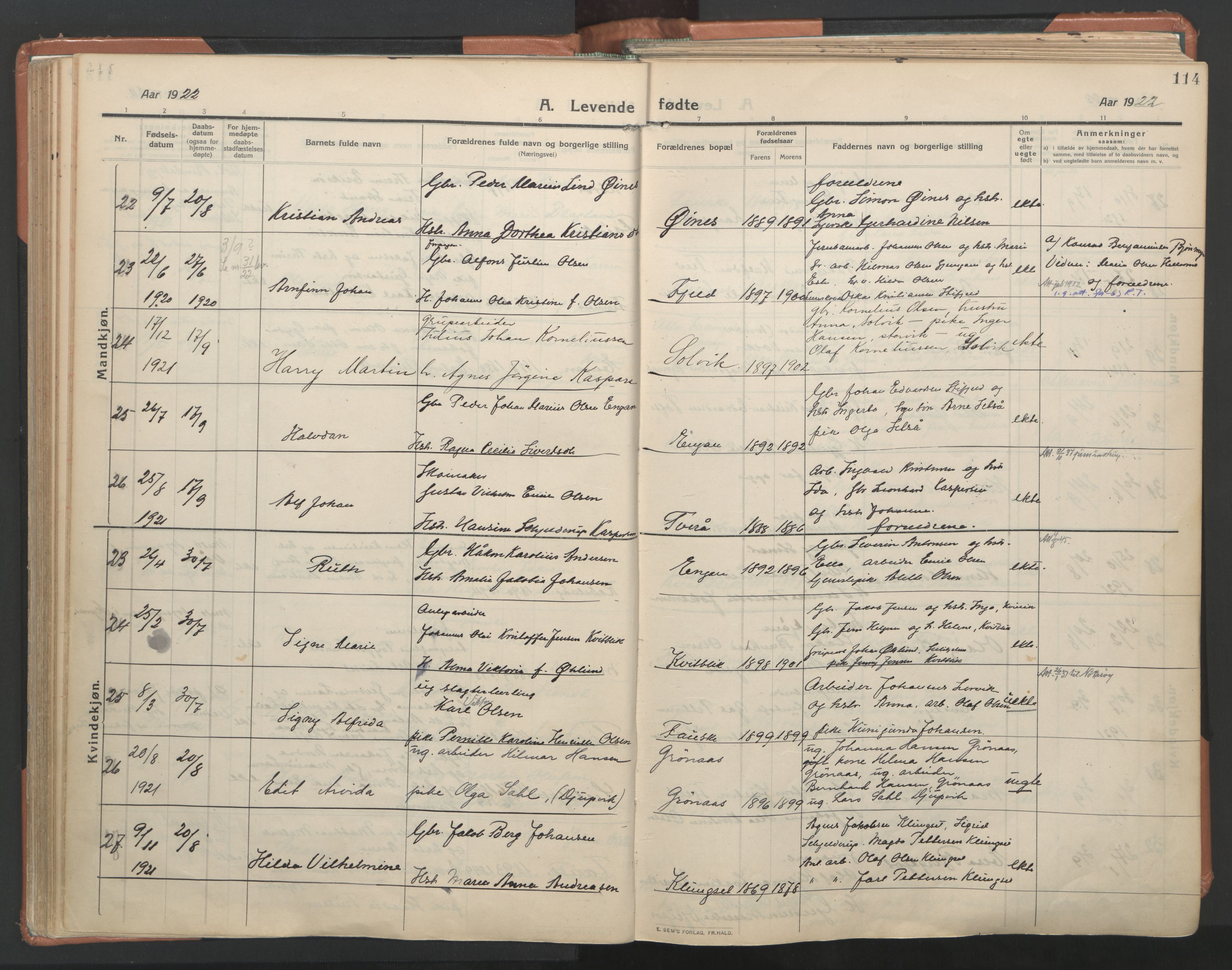 Ministerialprotokoller, klokkerbøker og fødselsregistre - Nordland, AV/SAT-A-1459/849/L0698: Parish register (official) no. 849A09, 1911-1924, p. 114