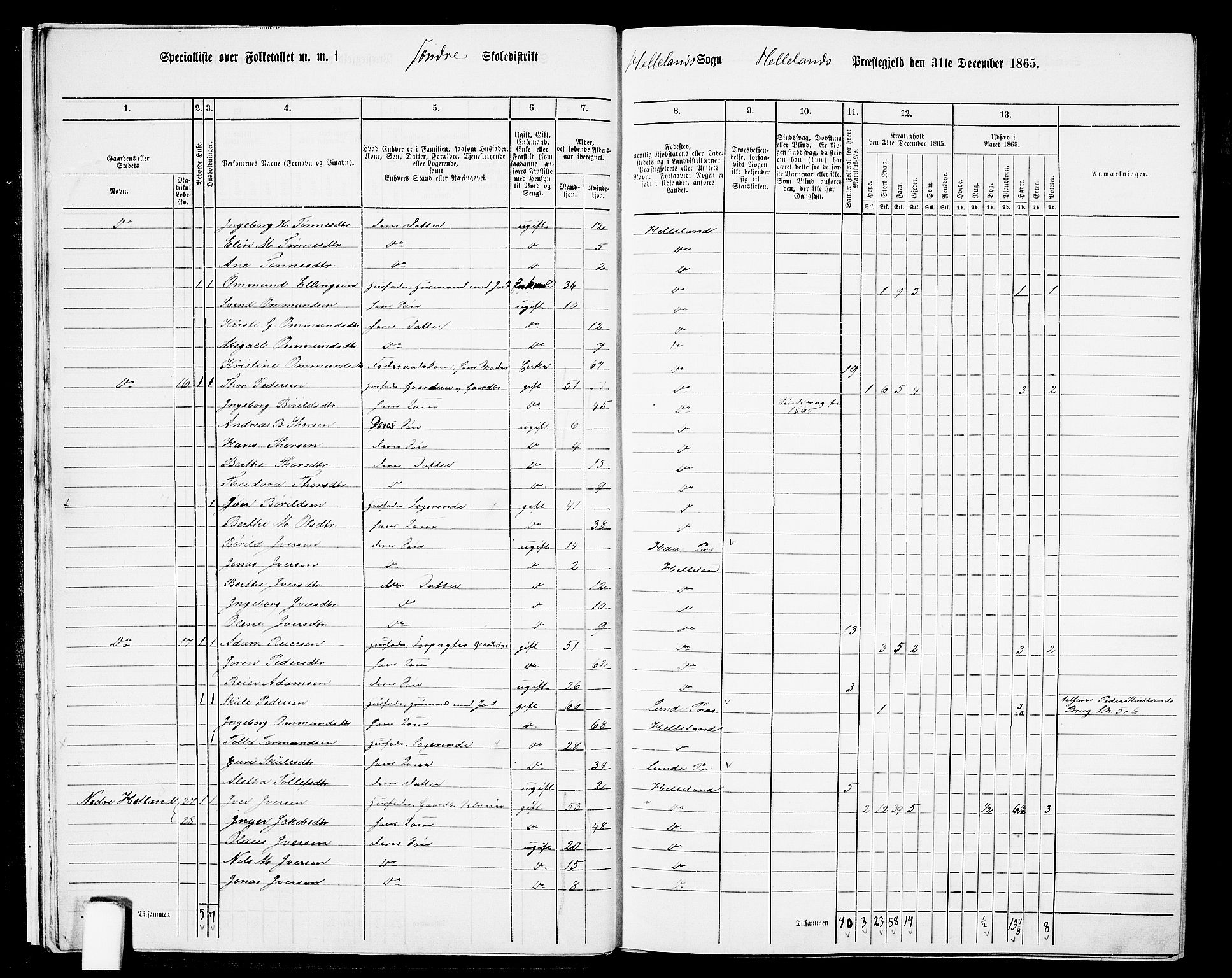 RA, 1865 census for Helleland, 1865, p. 16