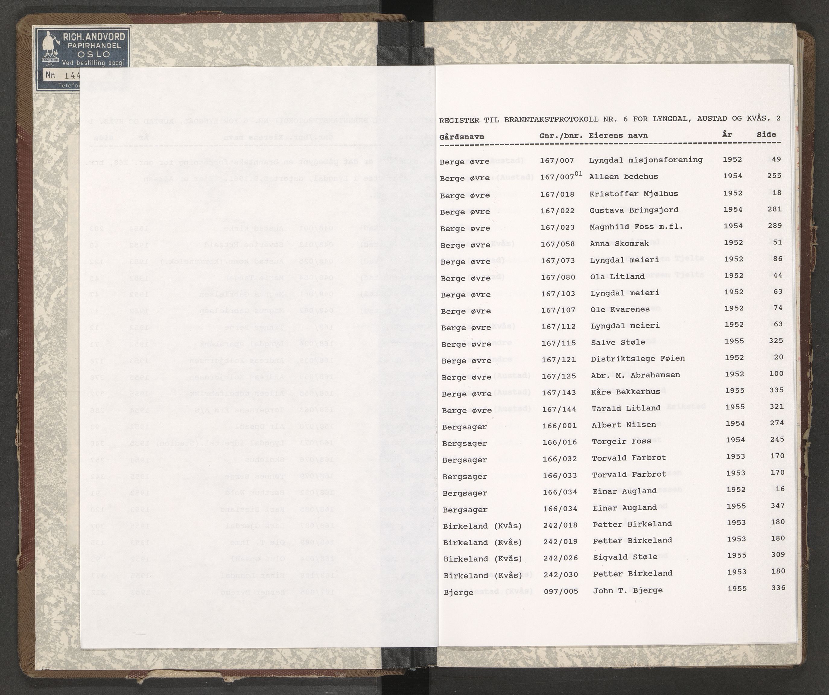 Norges Brannkasse Lyngdal, AV/SAK-2241-0036/F/Fa/L0006: Branntakstprotokoll nr. 6, 1951-1955