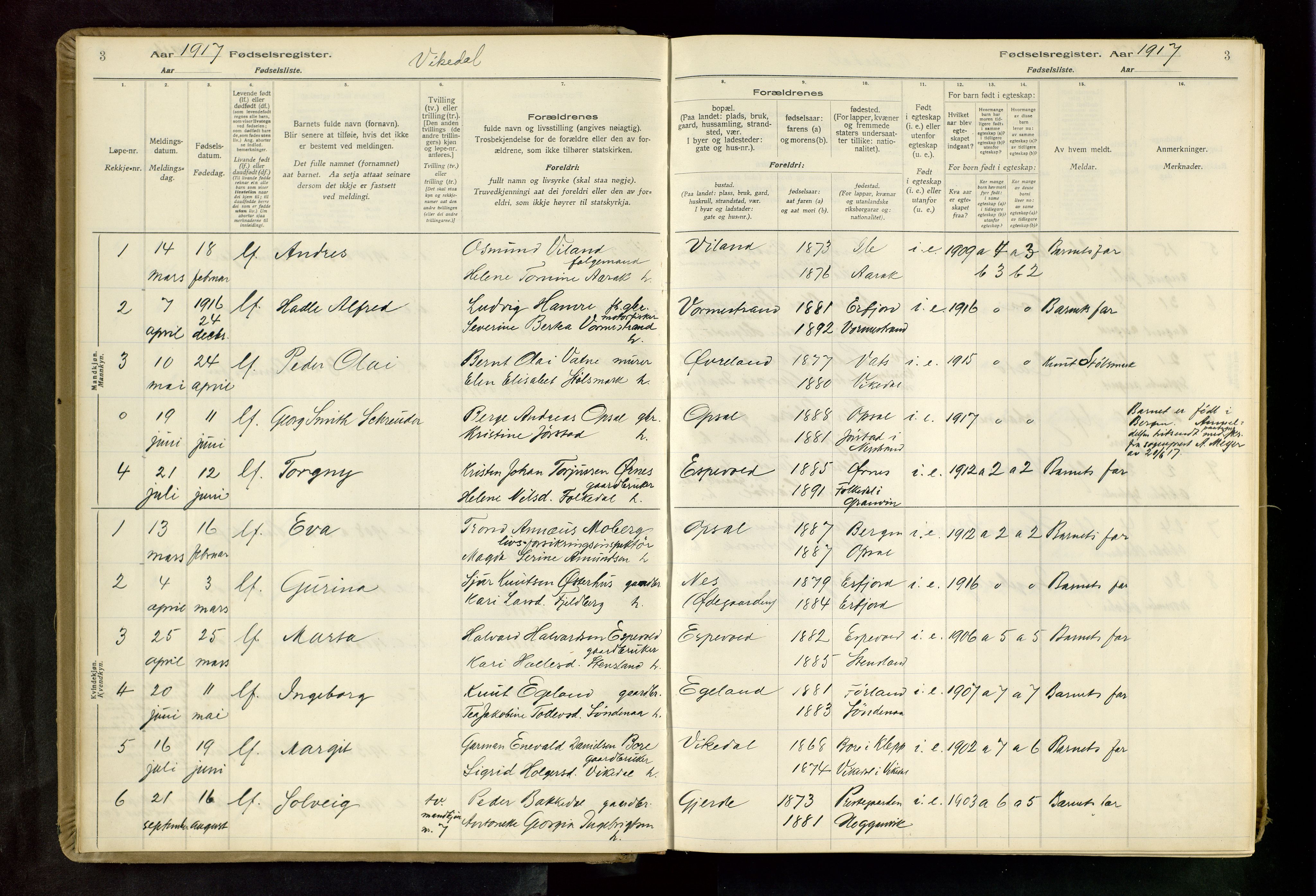 Vikedal sokneprestkontor, AV/SAST-A-101840/01/II: Birth register no. 3, 1916-1982, p. 3
