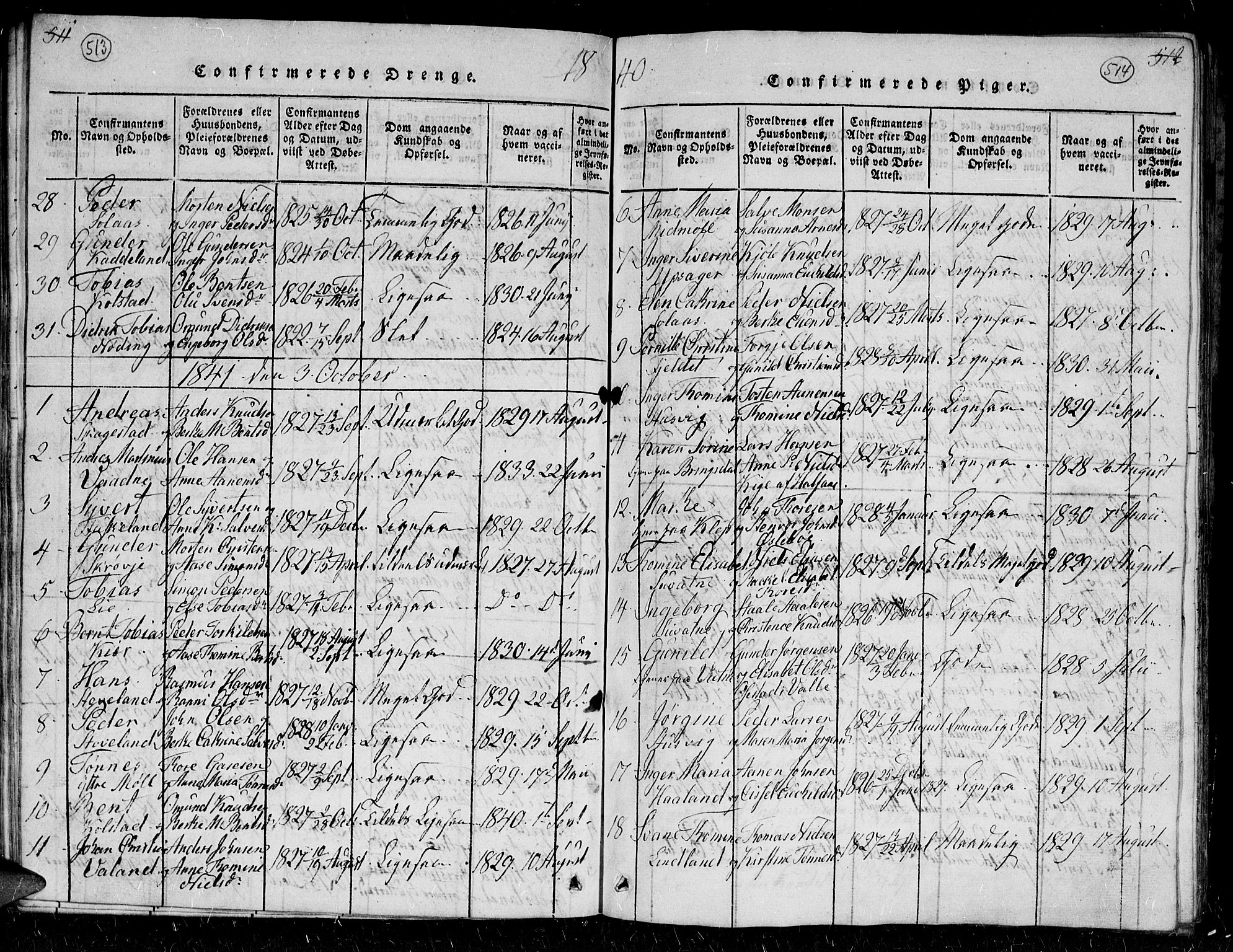 Holum sokneprestkontor, AV/SAK-1111-0022/F/Fb/Fba/L0002: Parish register (copy) no. B 2, 1820-1849, p. 513-514