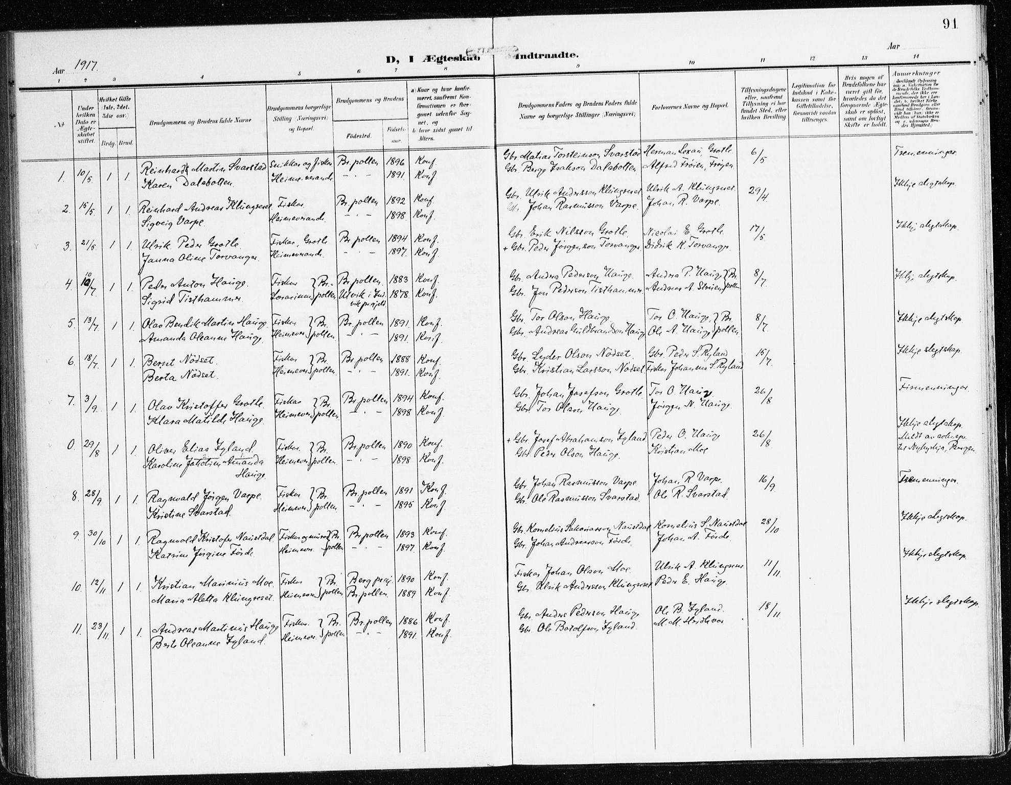 Bremanger sokneprestembete, SAB/A-82201/H/Haa/Haac/L0001: Parish register (official) no. C 1, 1908-1921, p. 91