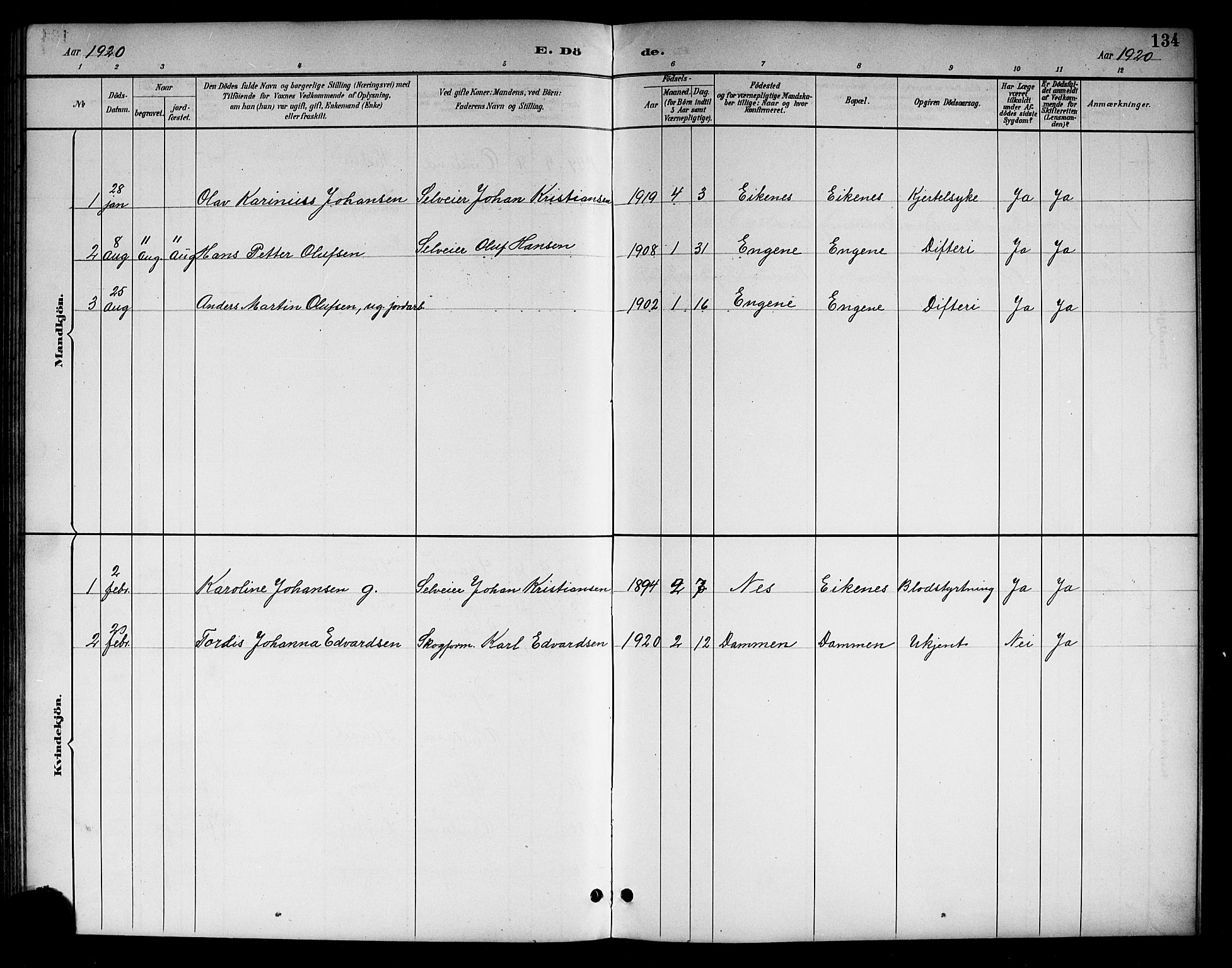 Brunlanes kirkebøker, SAKO/A-342/G/Gc/L0002: Parish register (copy) no. III 2, 1891-1922, p. 134