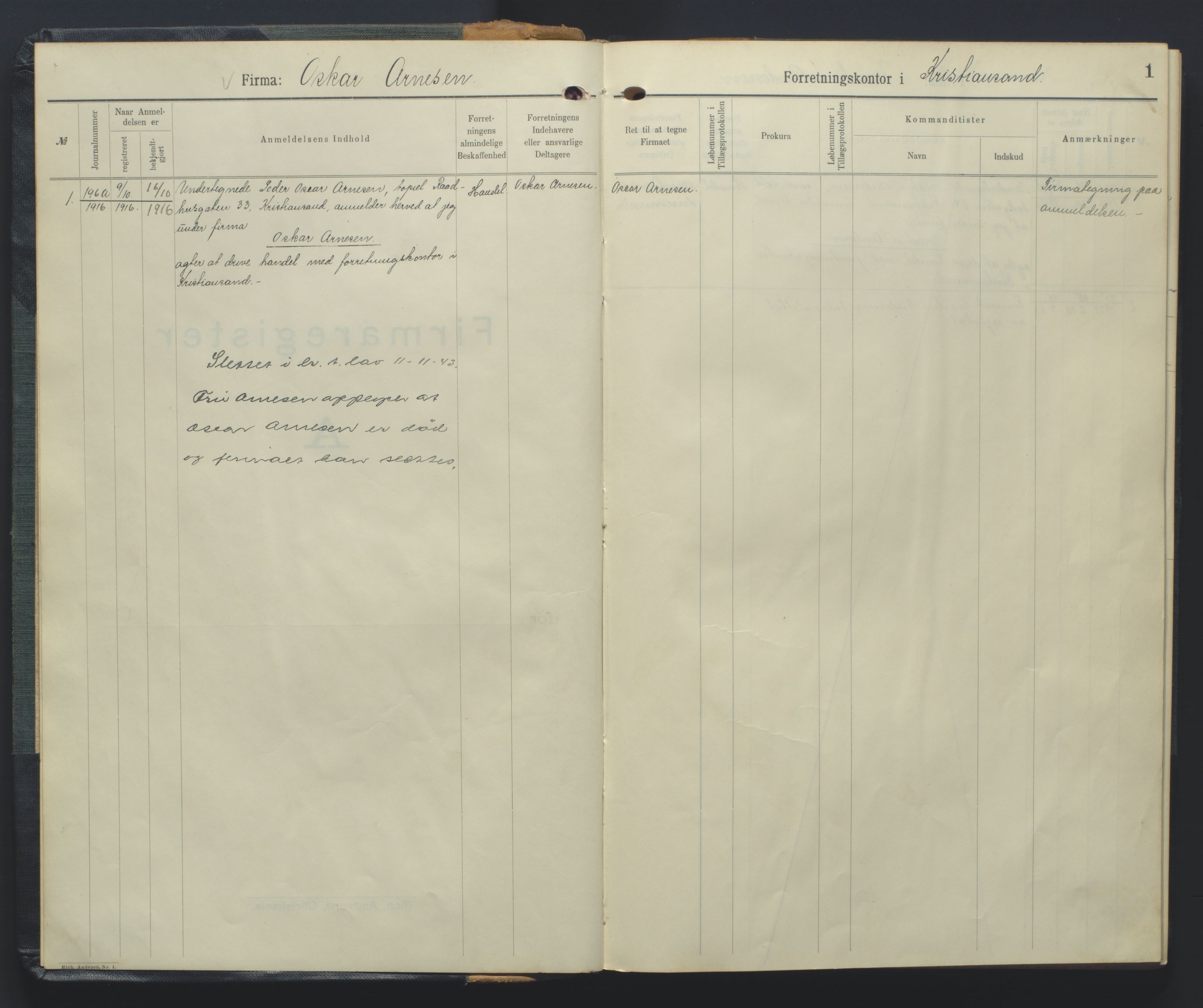 Kristiansand byrett, AV/SAK-1223-0001/K/Kb/L0005: Handelsregister A IV, 1916-1926, p. 1