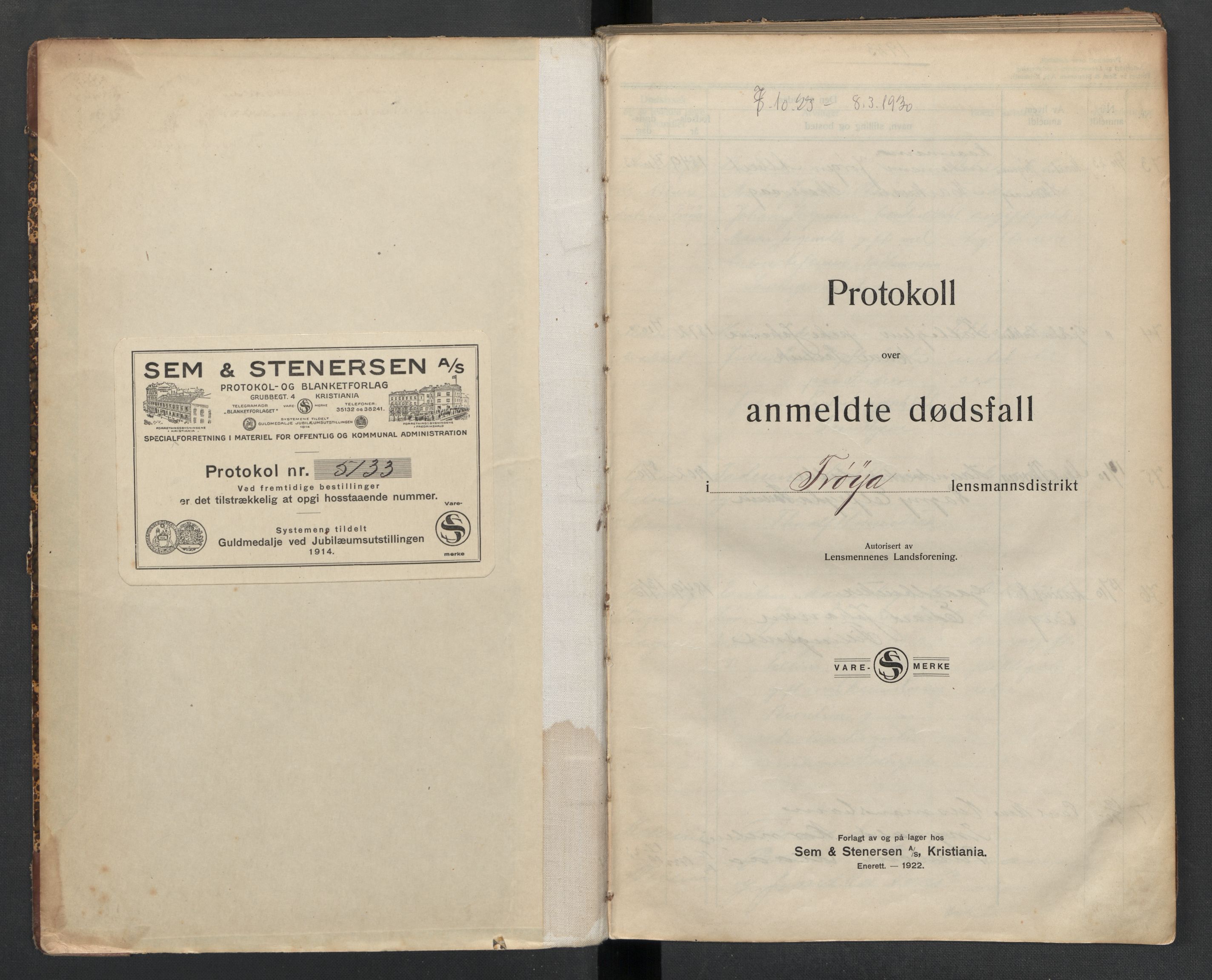 Frøya lensmannskontor, SAT/A-1050/2/Ga/L0004: Dødsfallsprotokoll  (løse ark / vedlegg, se Yb 4), 1923-1930