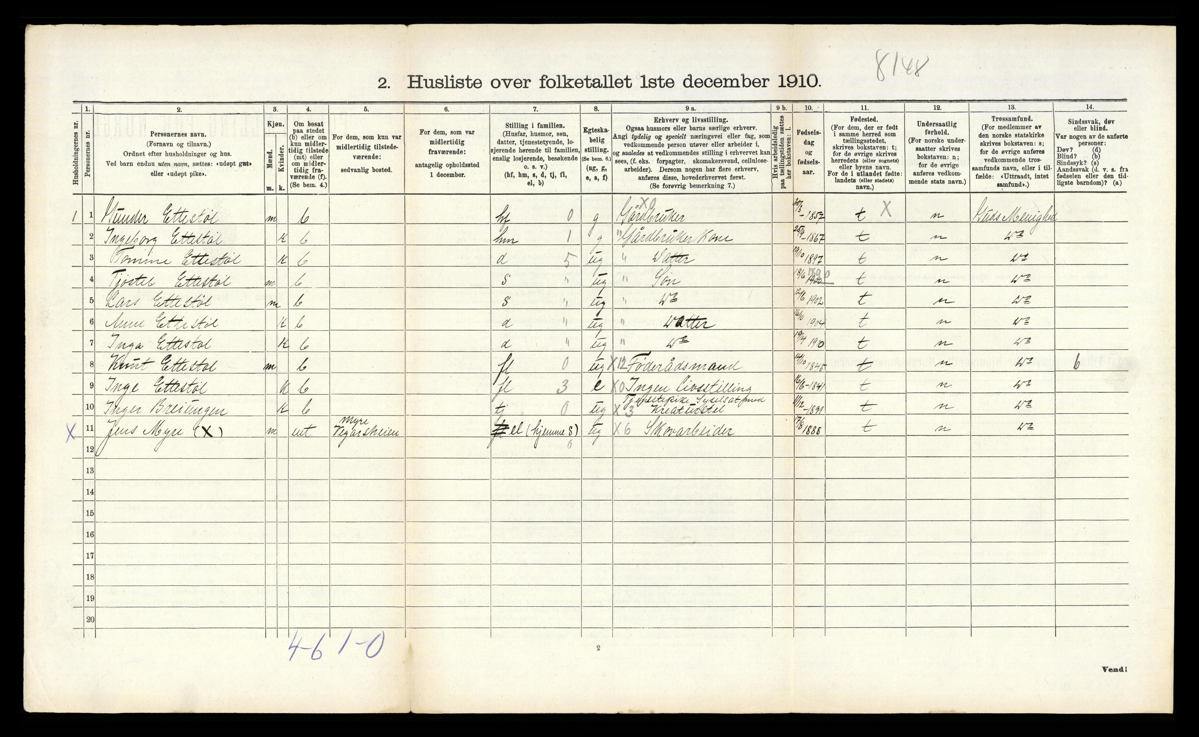 RA, 1910 census for Vegårshei, 1910, p. 553