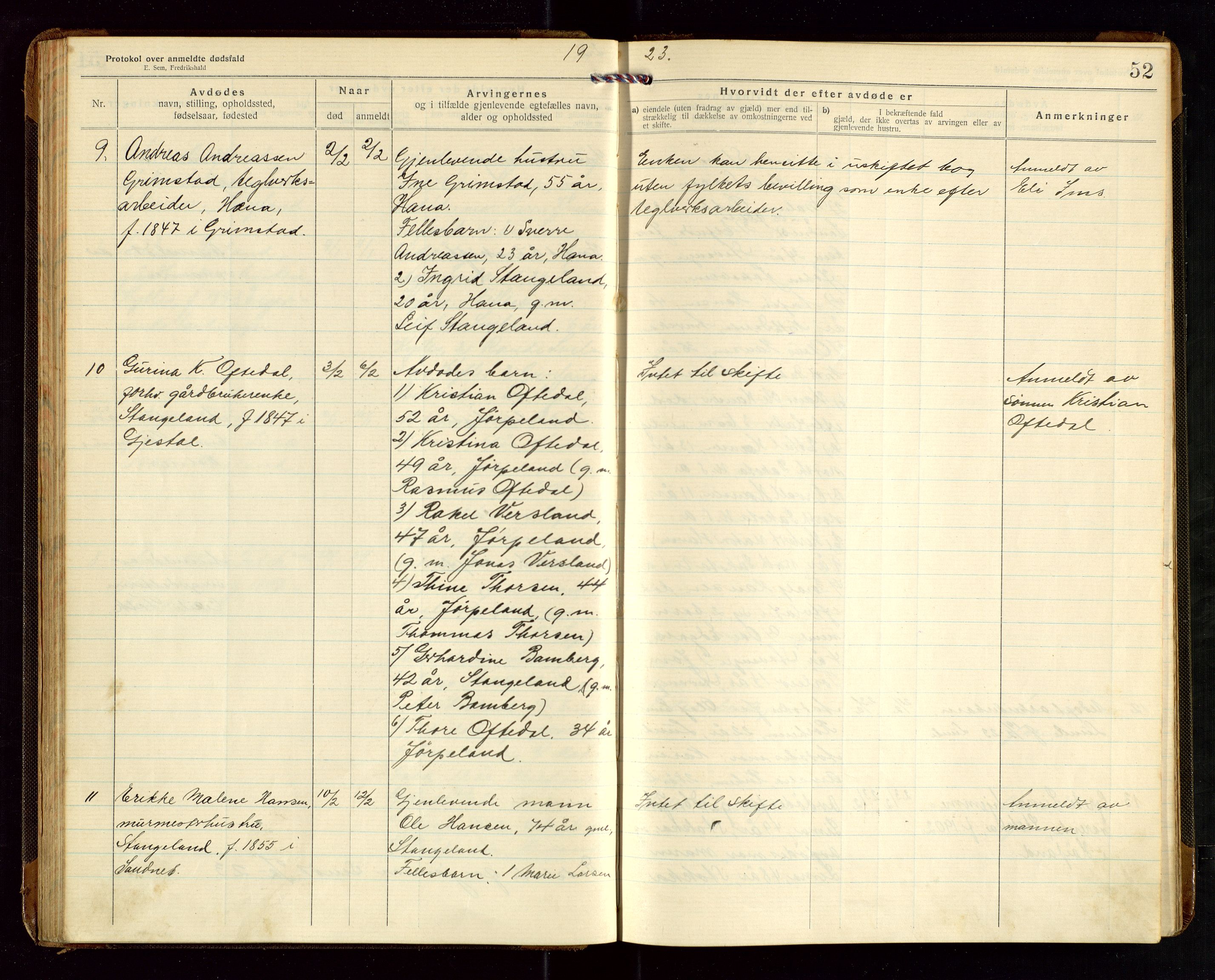 Høyland/Sandnes lensmannskontor, AV/SAST-A-100166/Gga/L0005: "Protkokol over anmeldte dødsfald i Høylands lensmandsdistrikt", 1920-1926, p. 52