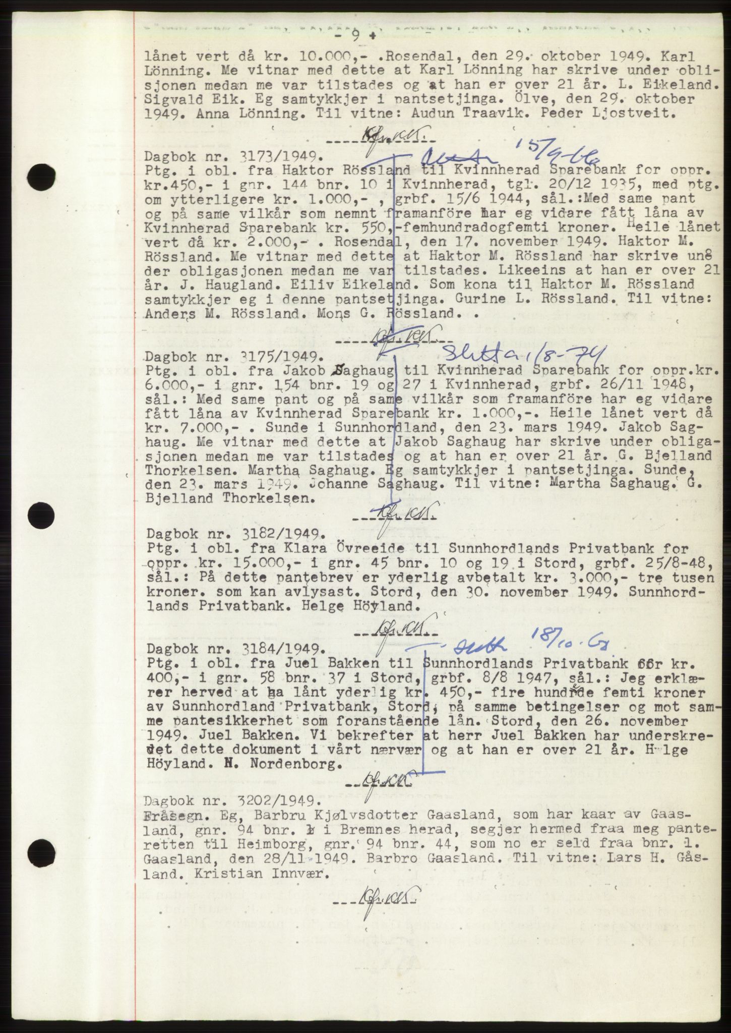 Sunnhordland sorenskrivar, AV/SAB-A-2401: Mortgage book no. B75-79, 1948-1950, Diary no: : 3173/1949