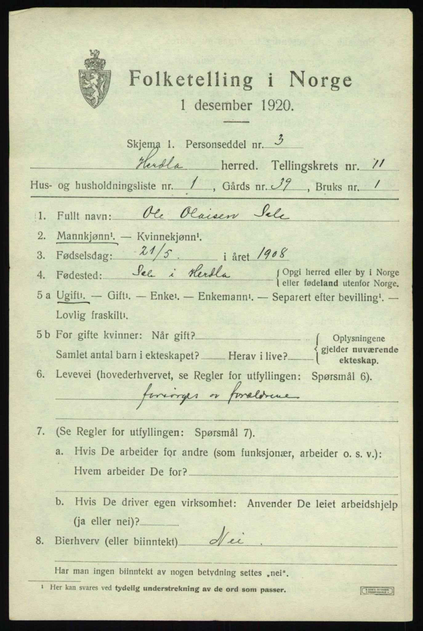 SAB, 1920 census for Herdla, 1920, p. 7531