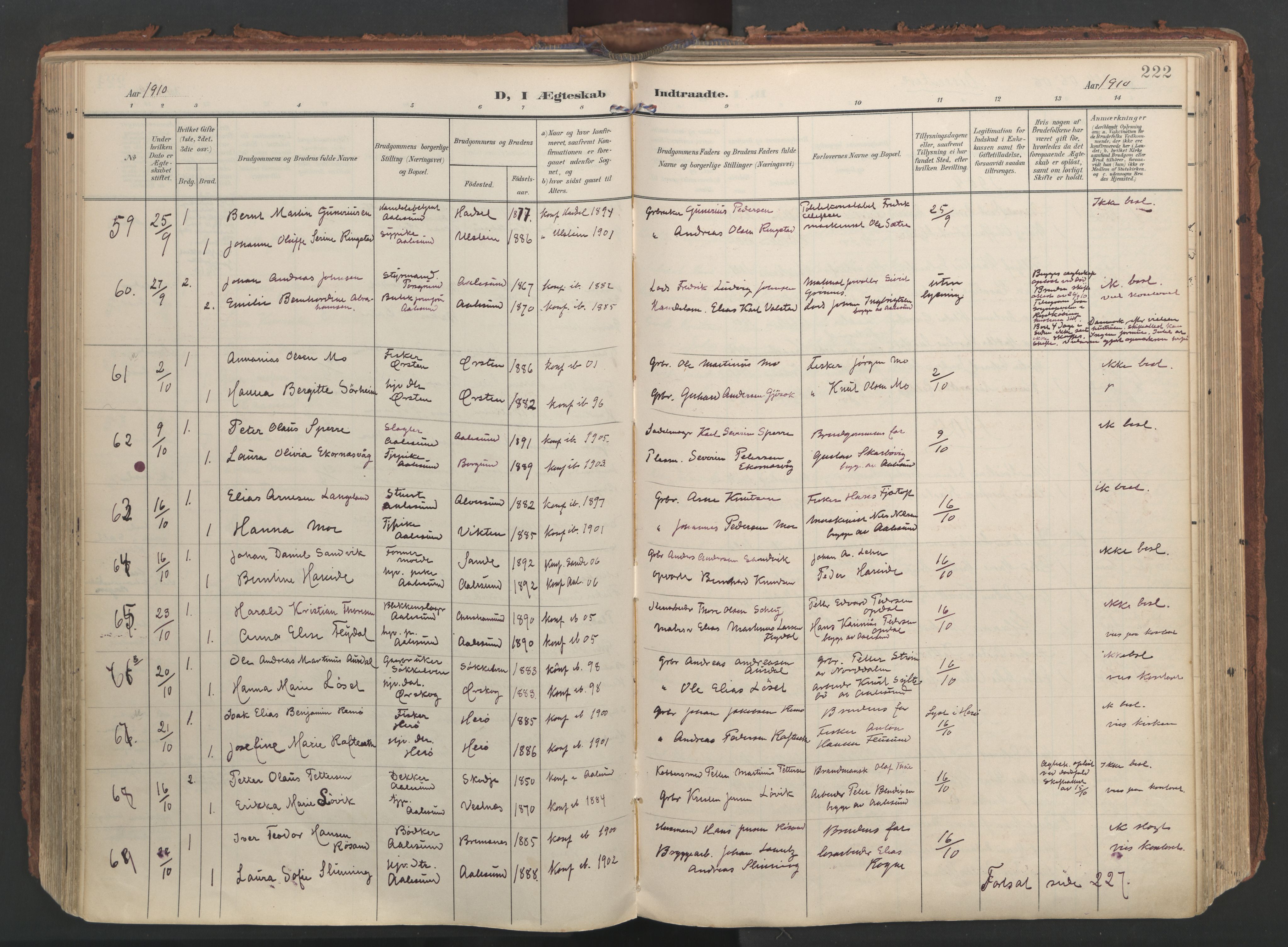 Ministerialprotokoller, klokkerbøker og fødselsregistre - Møre og Romsdal, AV/SAT-A-1454/529/L0459: Parish register (official) no. 529A09, 1904-1917, p. 222