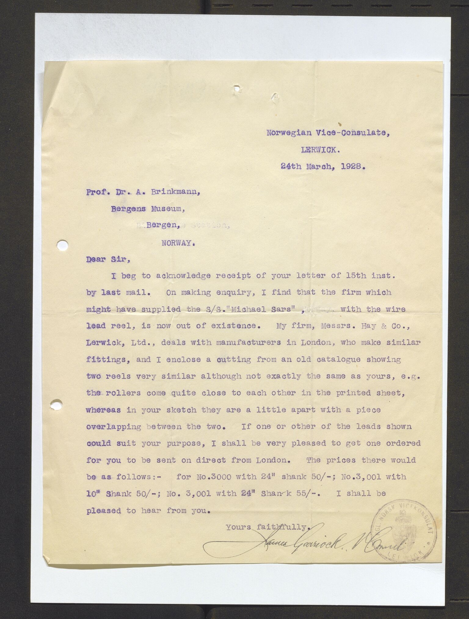 Bergens Museum, AV/SAB-A-17301/13/D/L0002: Korrespondanse , 1928-1940, p. 89