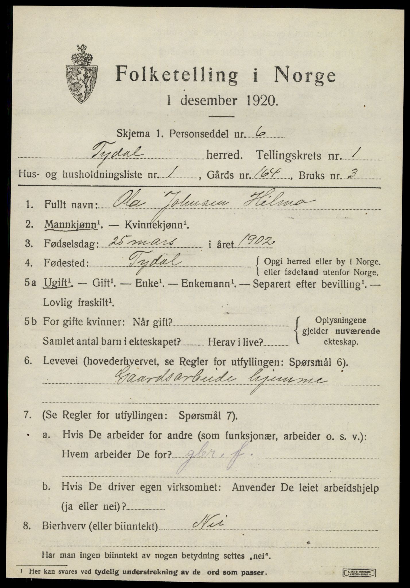 SAT, 1920 census for Tydal, 1920, p. 319