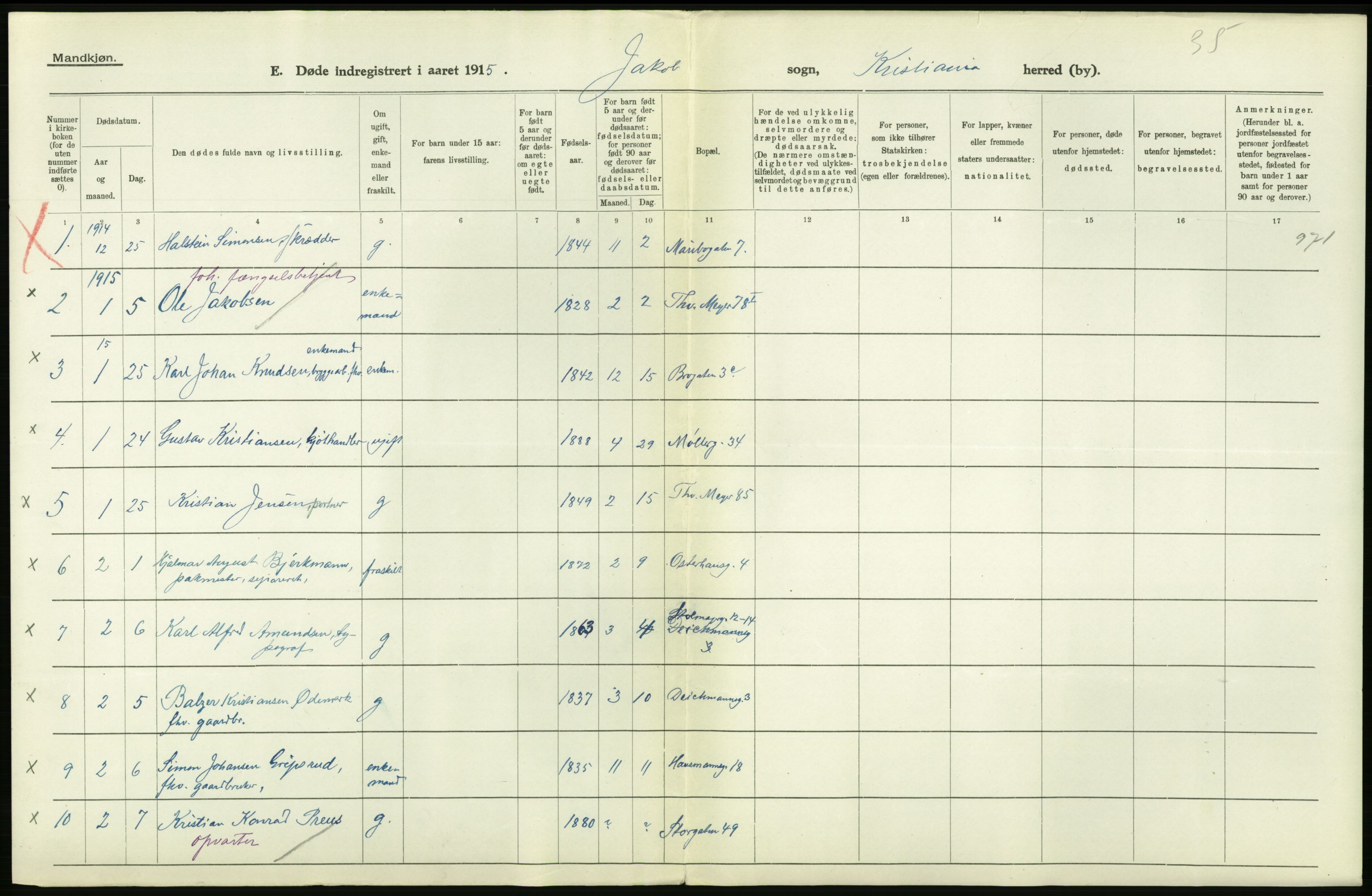 Statistisk sentralbyrå, Sosiodemografiske emner, Befolkning, AV/RA-S-2228/D/Df/Dfb/Dfbe/L0009: Kristiania: Døde., 1915, p. 172