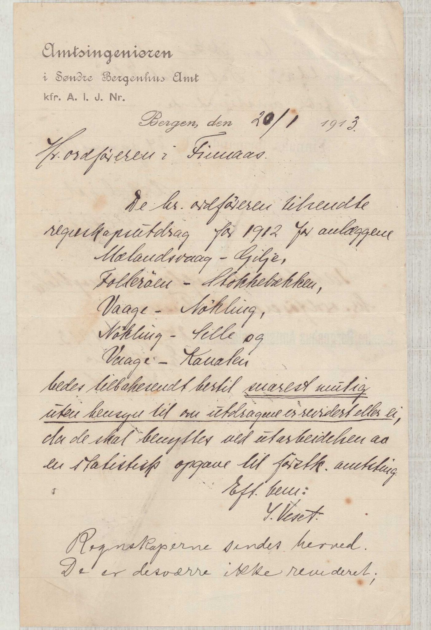 Finnaas kommune. Formannskapet, IKAH/1218a-021/D/Da/L0001/0012: Korrespondanse / saker / Kronologisk ordna korrespondanse , 1913, p. 20