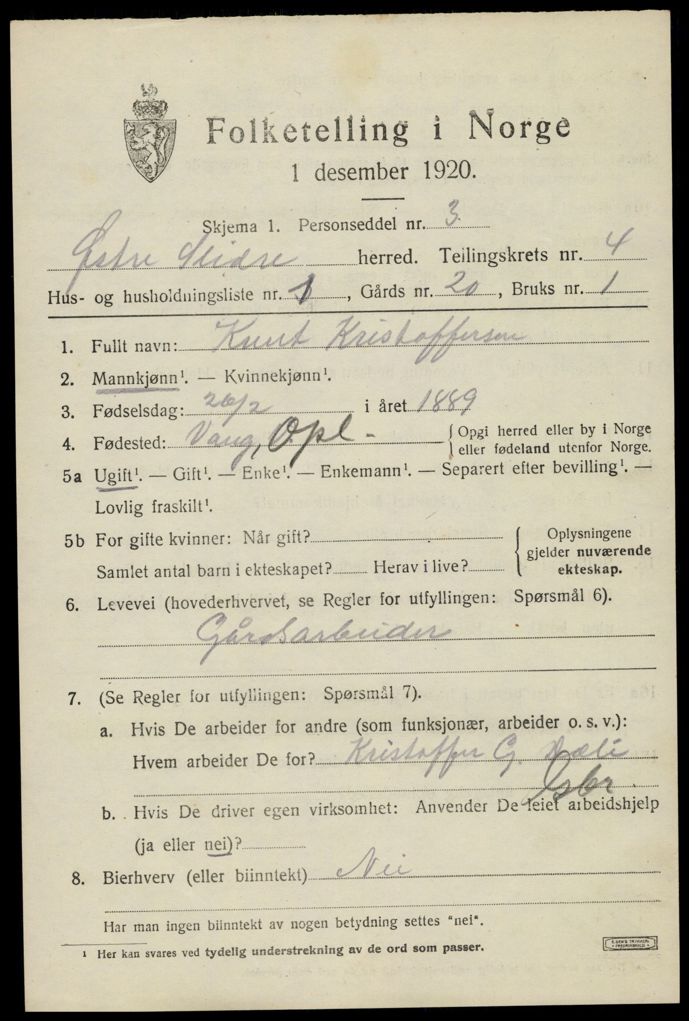 SAH, 1920 census for Øystre Slidre, 1920, p. 2437