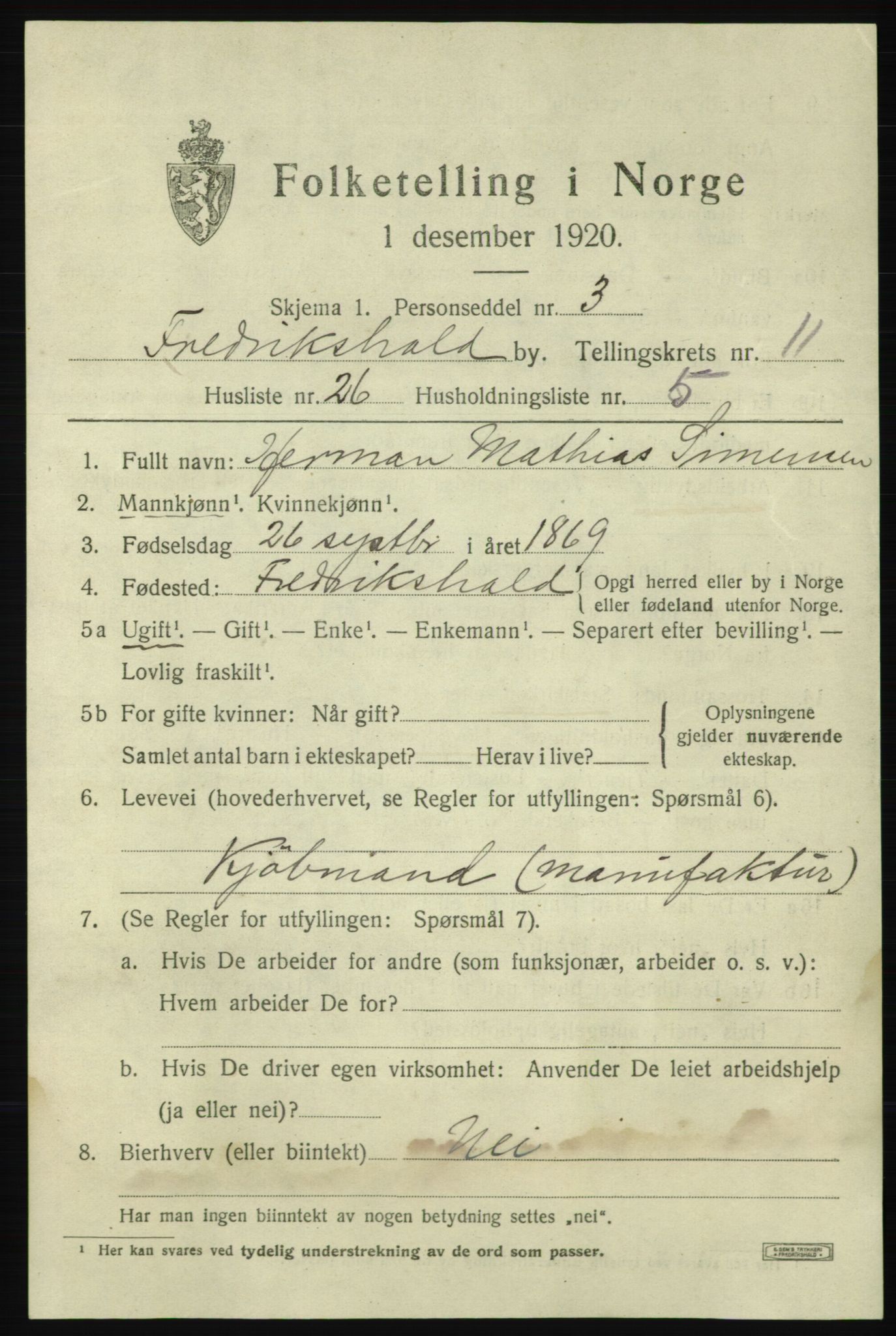 SAO, 1920 census for Fredrikshald, 1920, p. 19407