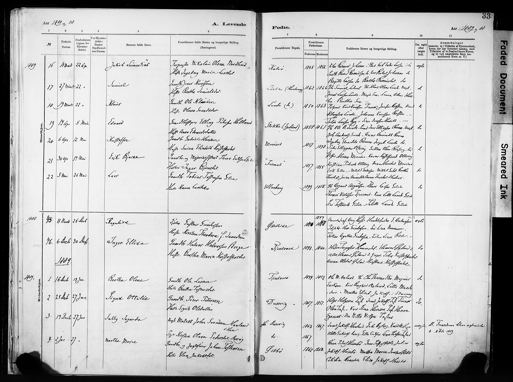Hetland sokneprestkontor, SAST/A-101826/30/30BA/L0011: Parish register (official) no. A 11, 1884-1911, p. 33