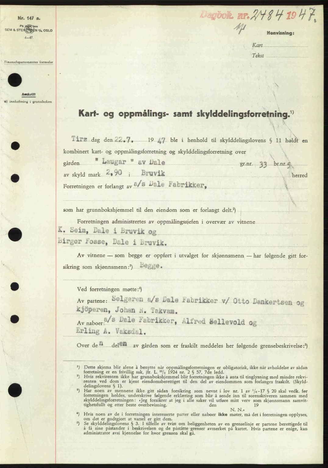Nordhordland sorenskrivar, SAB/A-2901/1/G/Gb/Gbf/L0032: Mortgage book no. A32, 1947-1947, Diary no: : 2484/1947