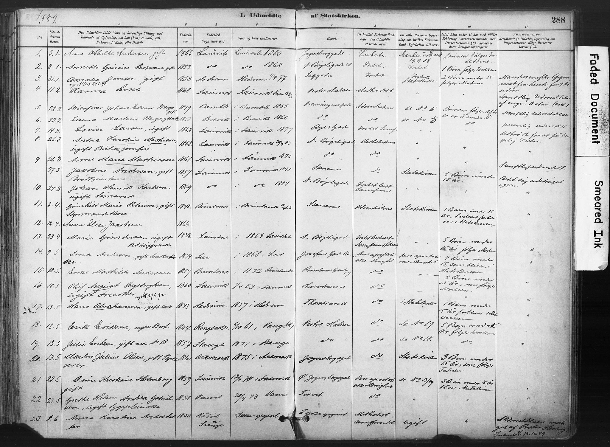 Larvik kirkebøker, SAKO/A-352/F/Fa/L0010: Parish register (official) no. I 10, 1884-1910, p. 288