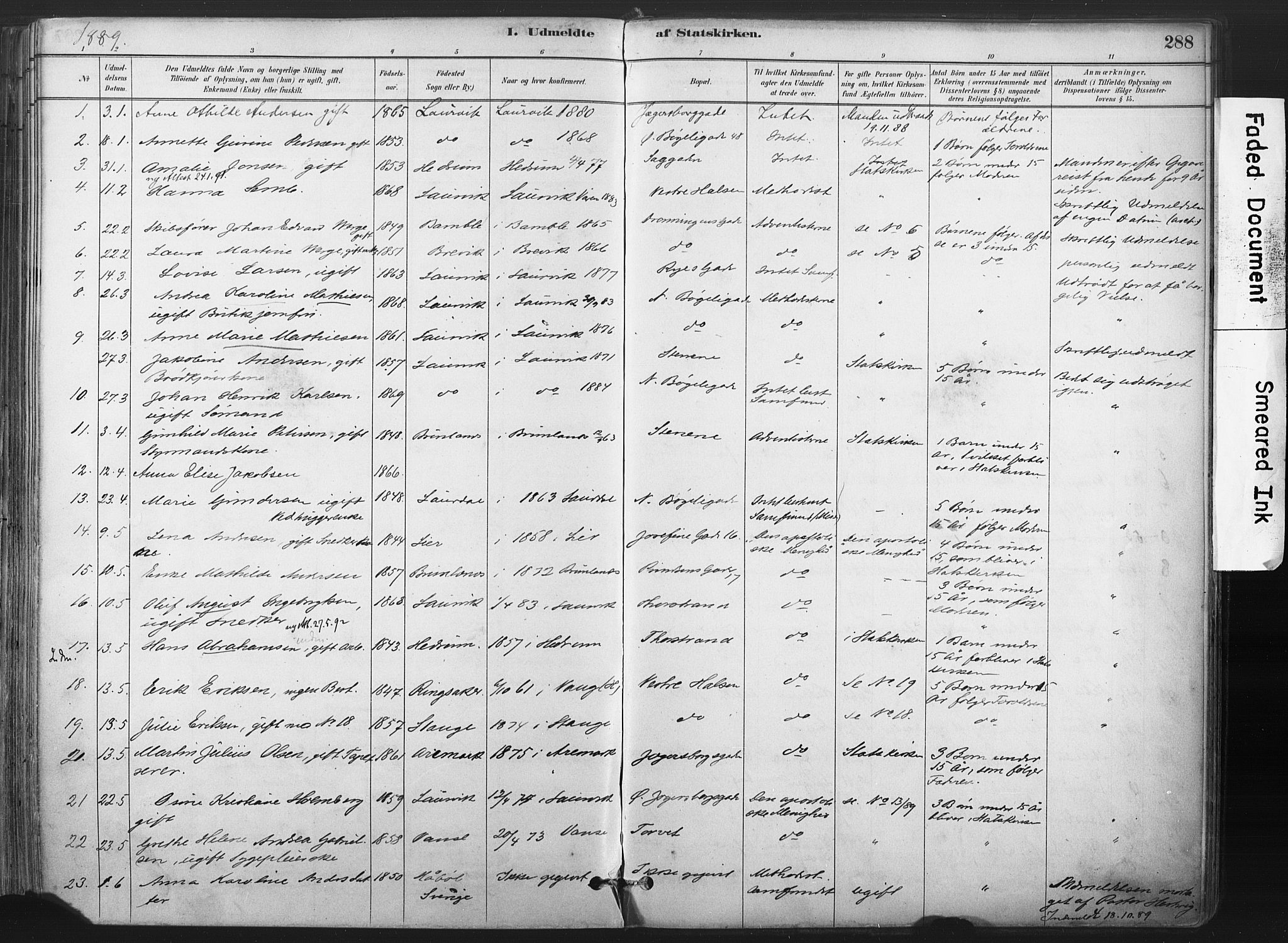 Larvik kirkebøker, AV/SAKO-A-352/F/Fa/L0010: Parish register (official) no. I 10, 1884-1910, p. 288