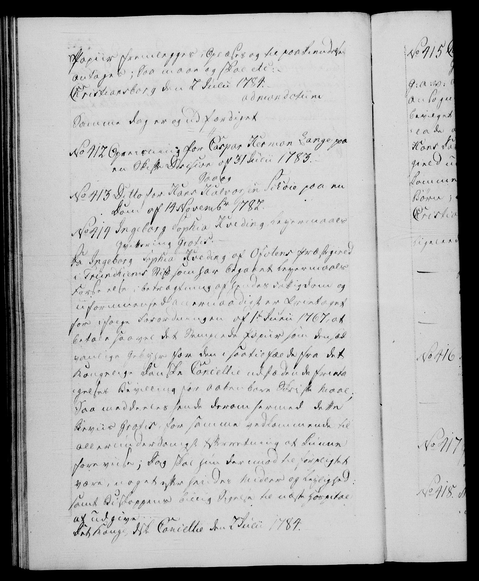 Danske Kanselli 1572-1799, AV/RA-EA-3023/F/Fc/Fca/Fcaa/L0050: Norske registre, 1784-1785, p. 233b