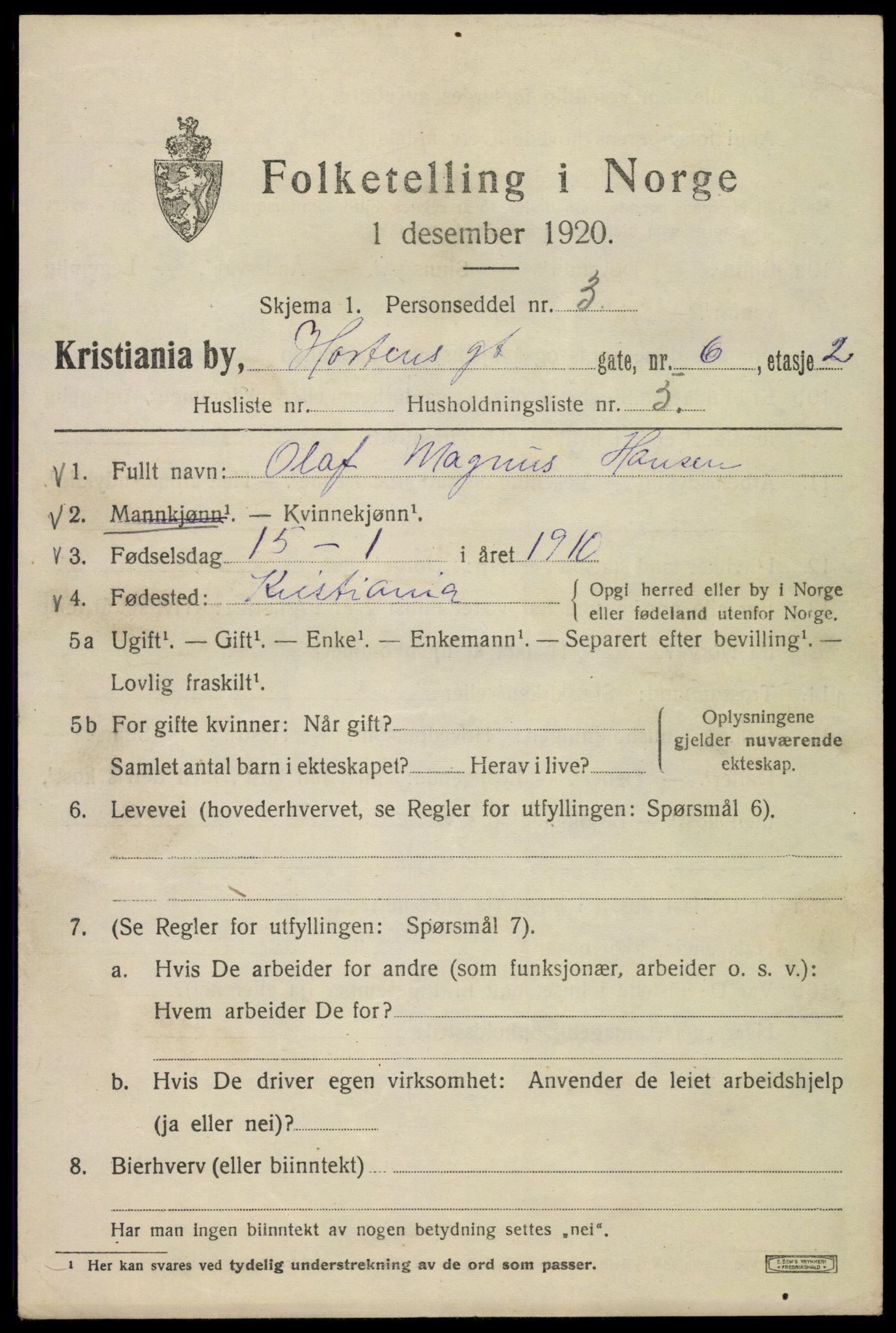 SAO, 1920 census for Kristiania, 1920, p. 299057