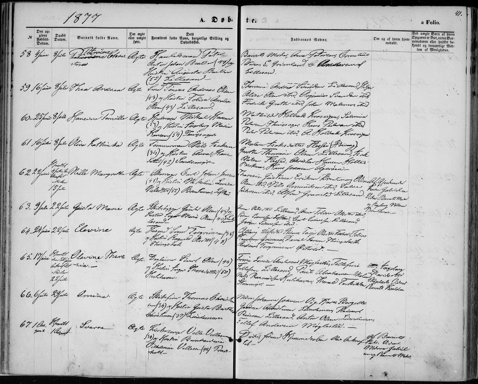 Vestre Moland sokneprestkontor, SAK/1111-0046/F/Fa/Fab/L0008: Parish register (official) no. A 8, 1873-1883, p. 41