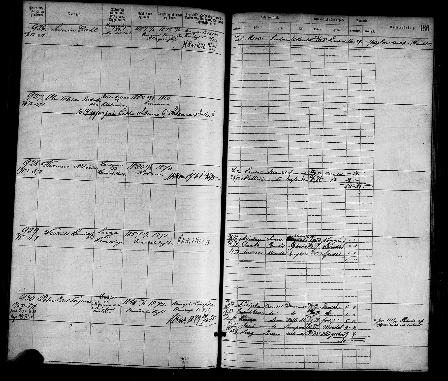 Mandal mønstringskrets, SAK/2031-0016/F/Fa/L0001: Annotasjonsrulle nr 1-1920 med register, L-3, 1869-1881, p. 220