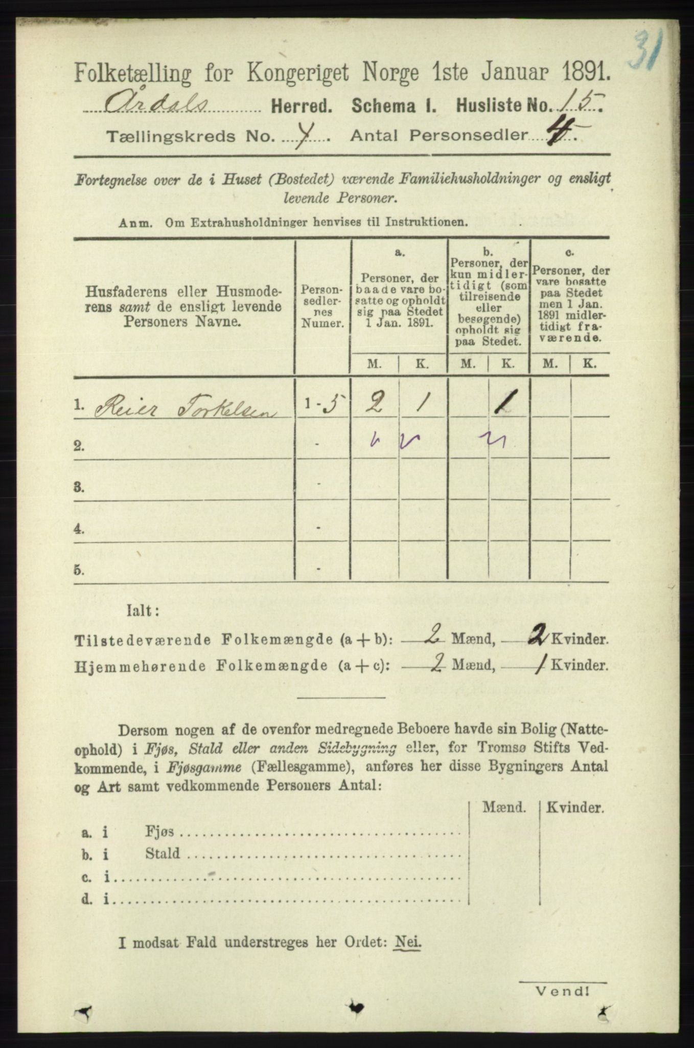 RA, 1891 census for 1131 Årdal, 1891, p. 1085