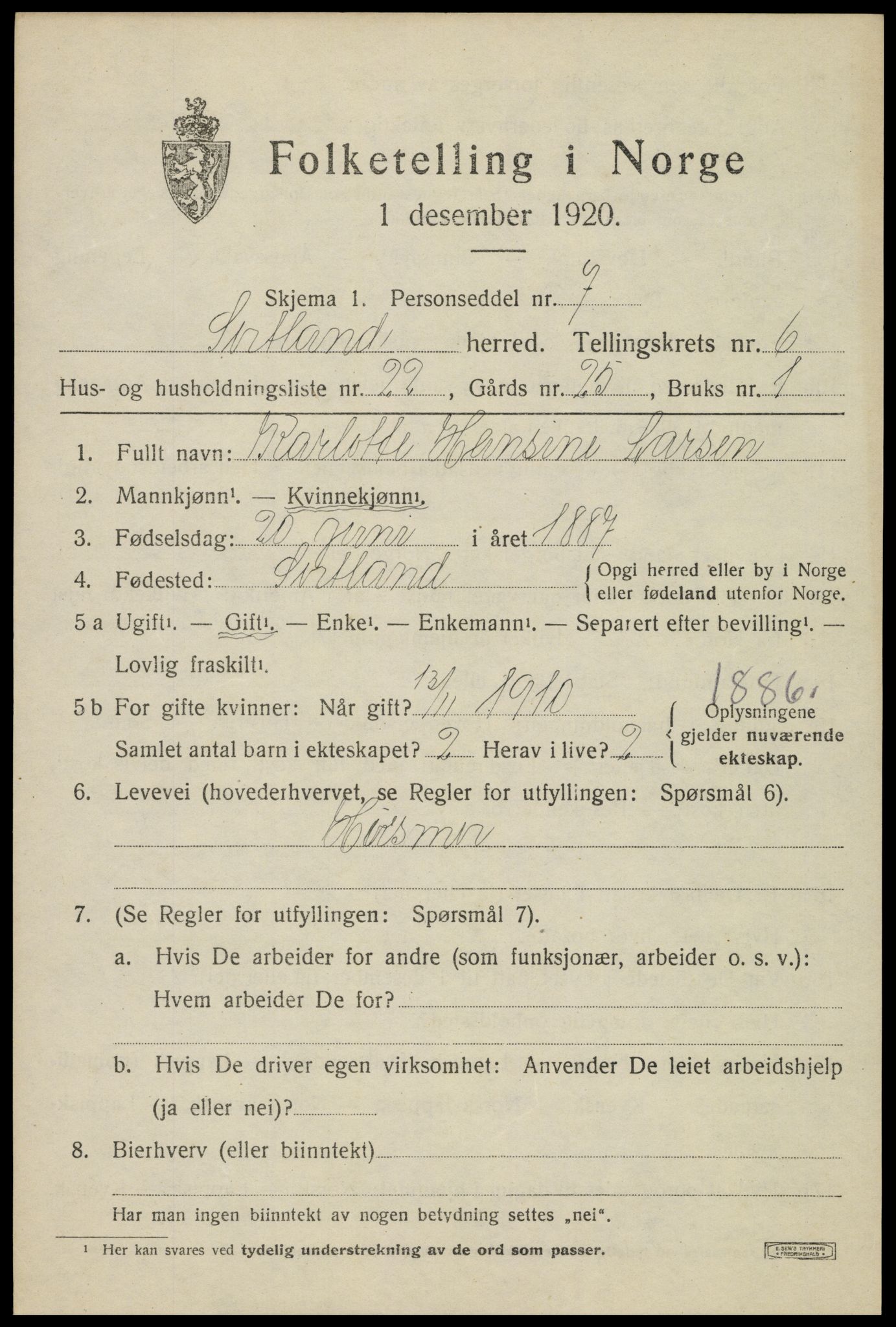 SAT, 1920 census for Sortland, 1920, p. 6528