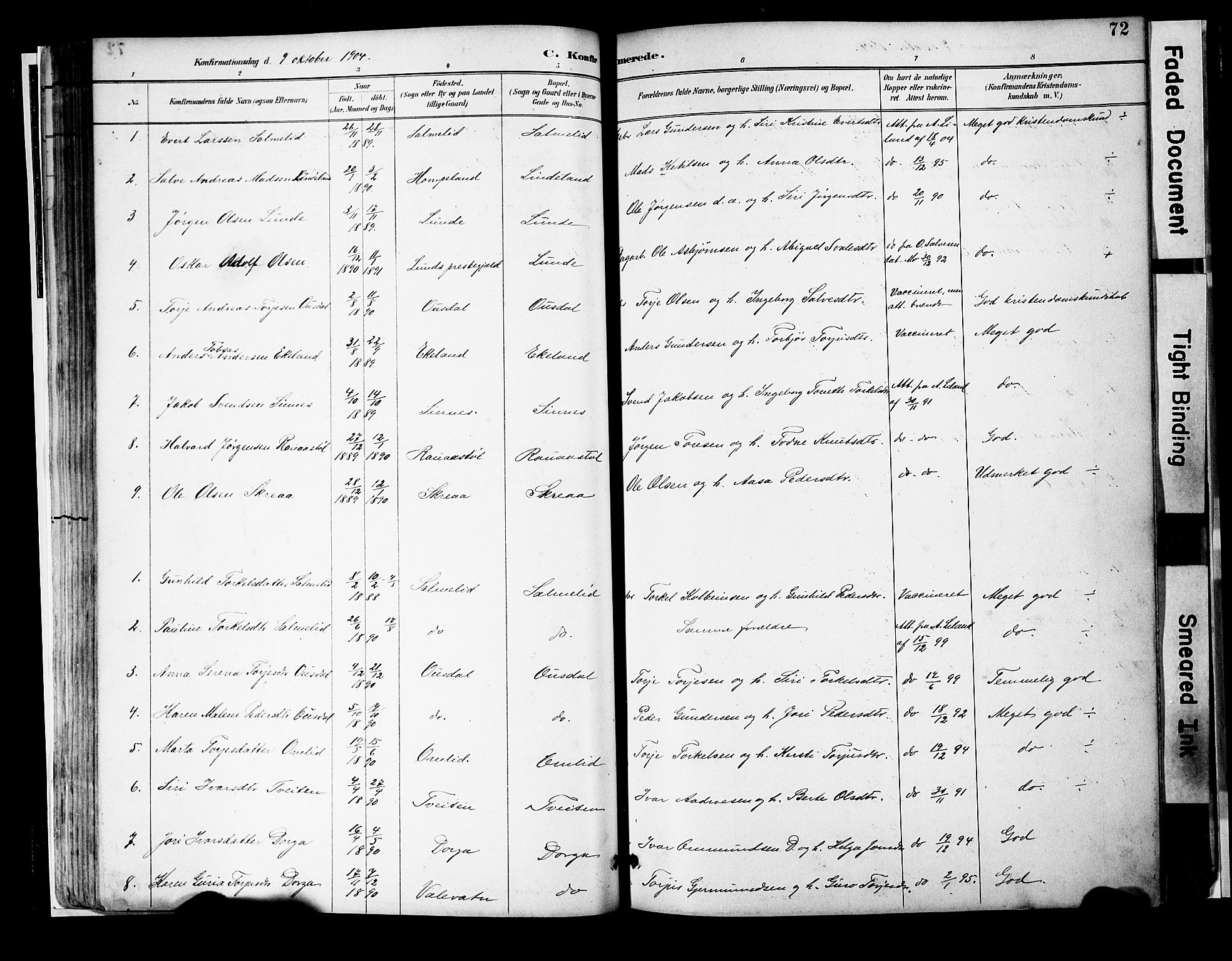 Sirdal sokneprestkontor, SAK/1111-0036/F/Fa/Faa/L0001: Parish register (official) no. A 1, 1887-1910, p. 72