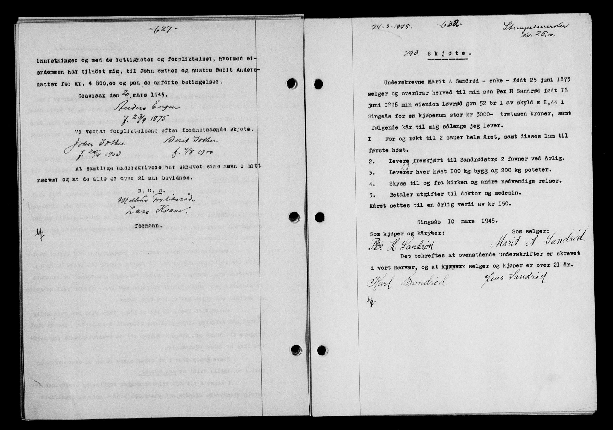Gauldal sorenskriveri, SAT/A-0014/1/2/2C/L0058: Mortgage book no. 63, 1944-1945, Diary no: : 293/1945