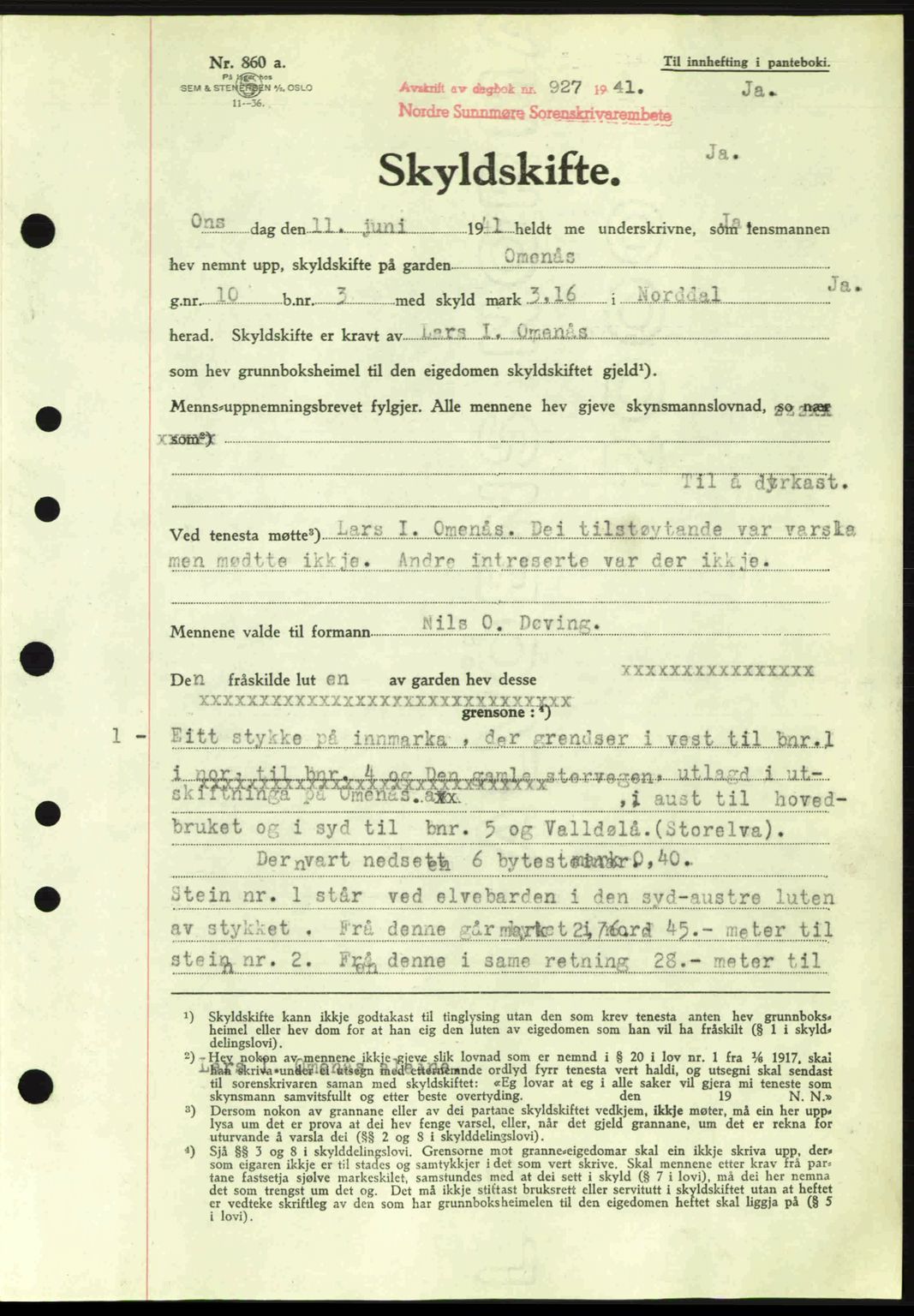 Nordre Sunnmøre sorenskriveri, AV/SAT-A-0006/1/2/2C/2Ca: Mortgage book no. A11, 1941-1941, Diary no: : 927/1941