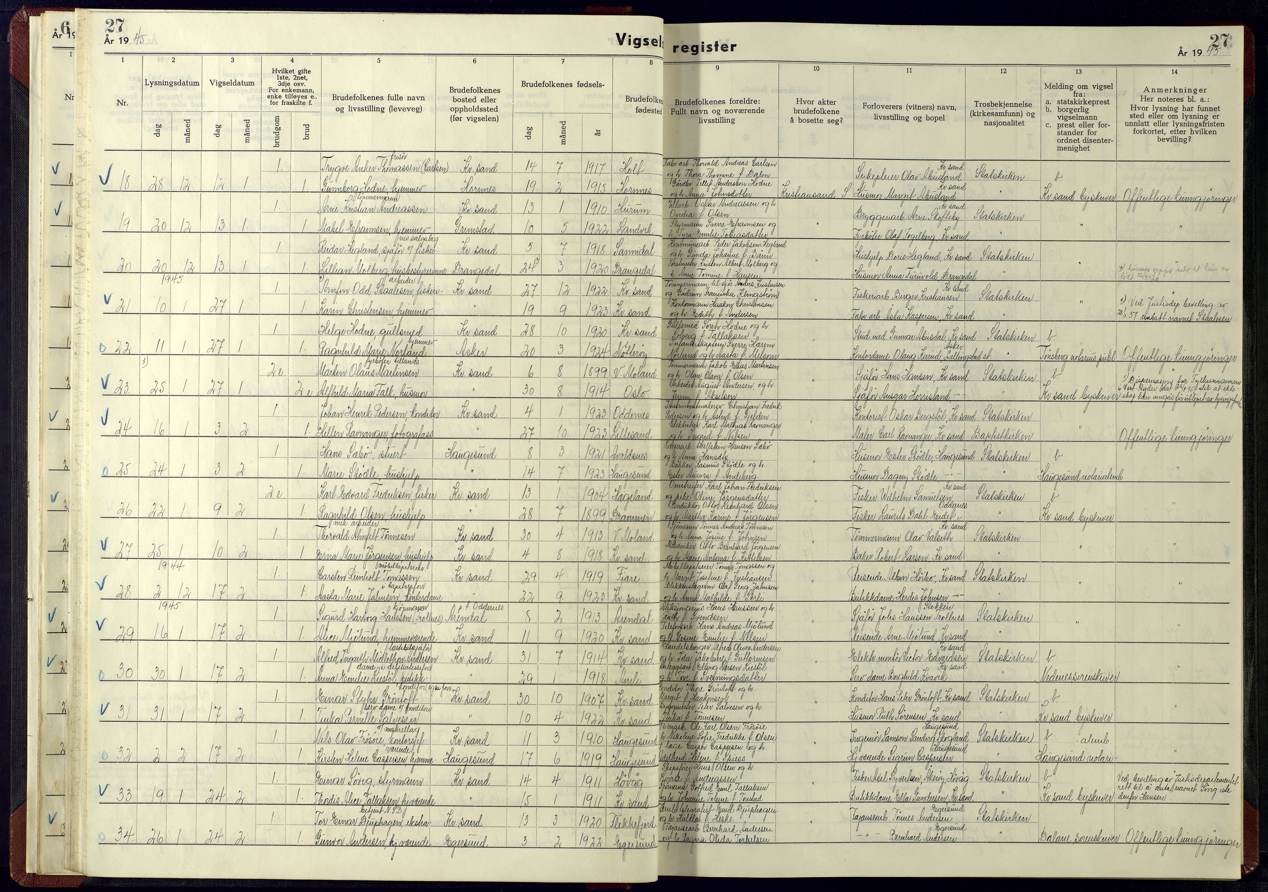 Kristiansand domprosti, AV/SAK-1112-0006/J/Ja/L0003: Marriage register no. A-VI-15, 1942-1945, p. 27