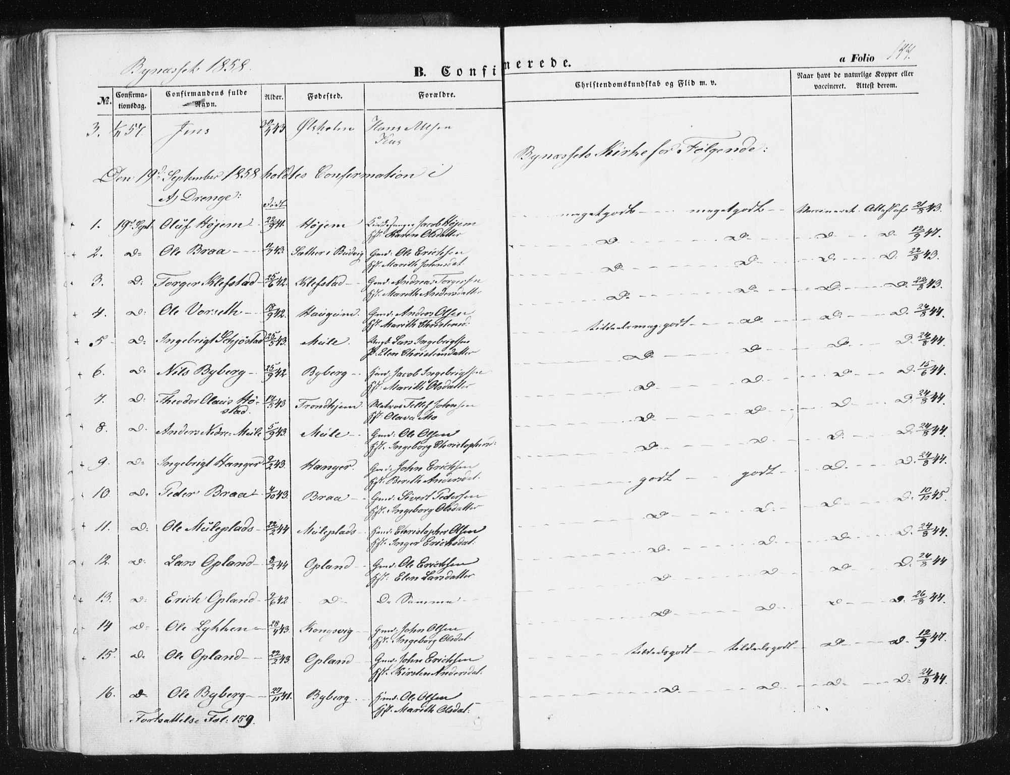 Ministerialprotokoller, klokkerbøker og fødselsregistre - Sør-Trøndelag, SAT/A-1456/612/L0376: Parish register (official) no. 612A08, 1846-1859, p. 144