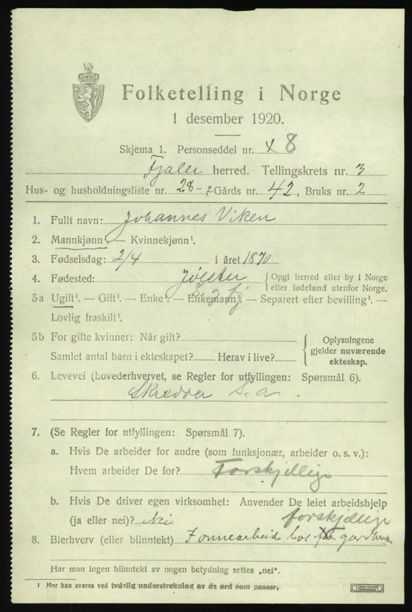 SAB, 1920 census for Fjaler, 1920, p. 3013