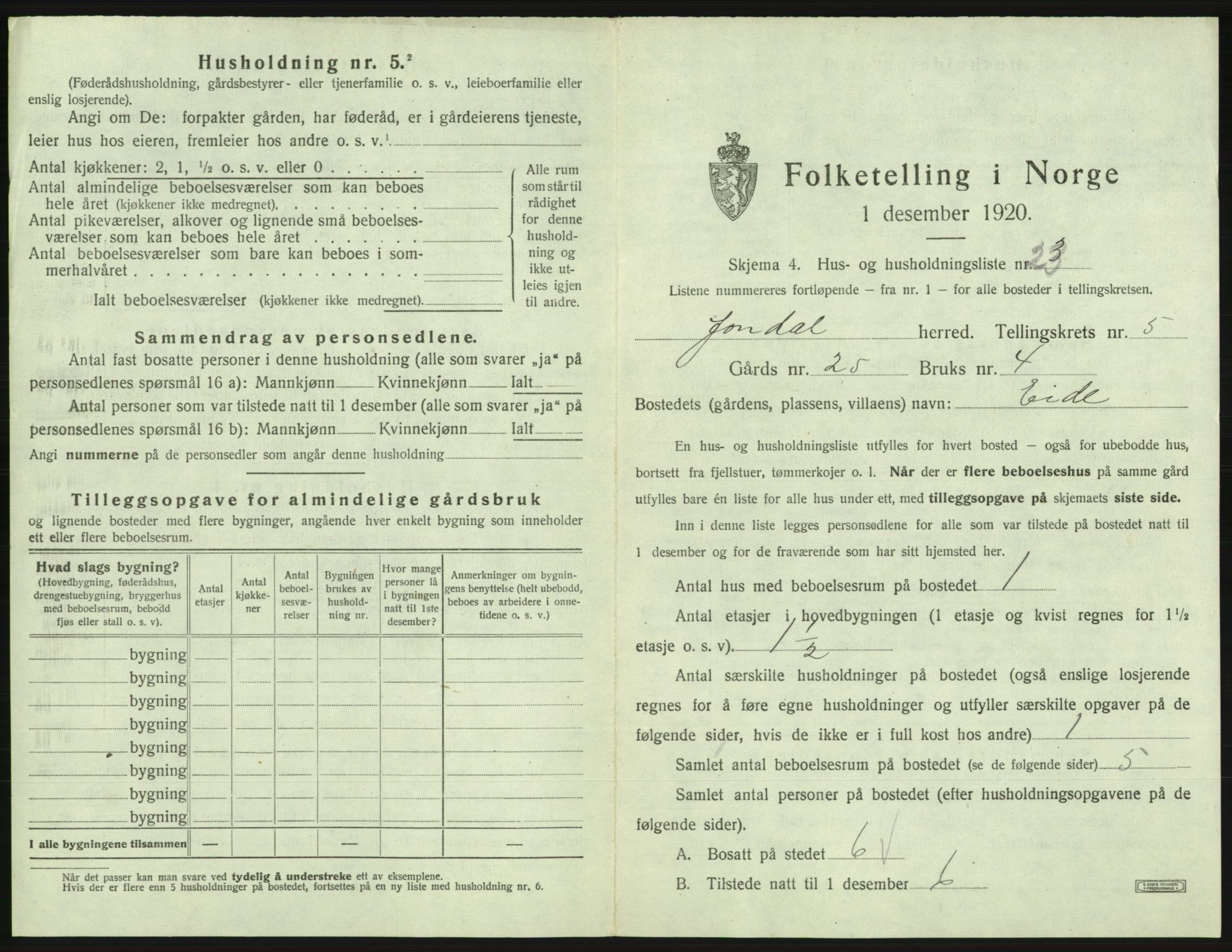 SAB, 1920 census for Jondal, 1920, p. 393