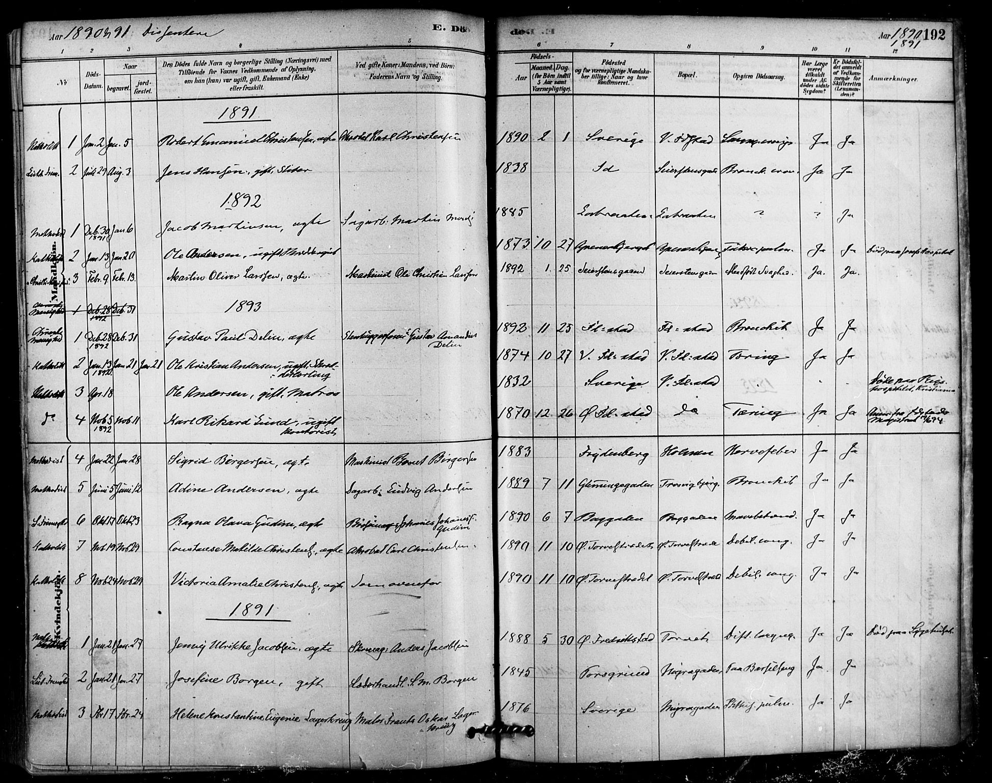 Fredrikstad domkirkes prestekontor Kirkebøker, SAO/A-10906/F/Fa/L0003: Parish register (official) no. 3, 1878-1904, p. 192