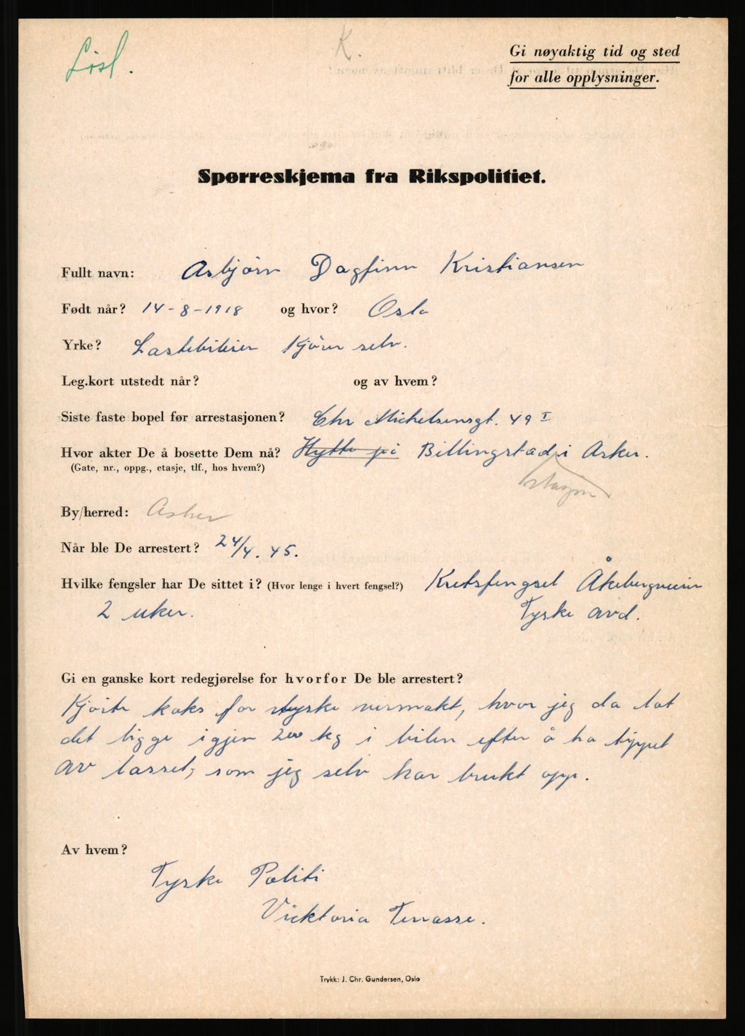 Rikspolitisjefen, AV/RA-S-1560/L/L0009: Karlsen, Aksel Emanuel - Kristiansen, Øivind Vetre, 1940-1945, p. 993