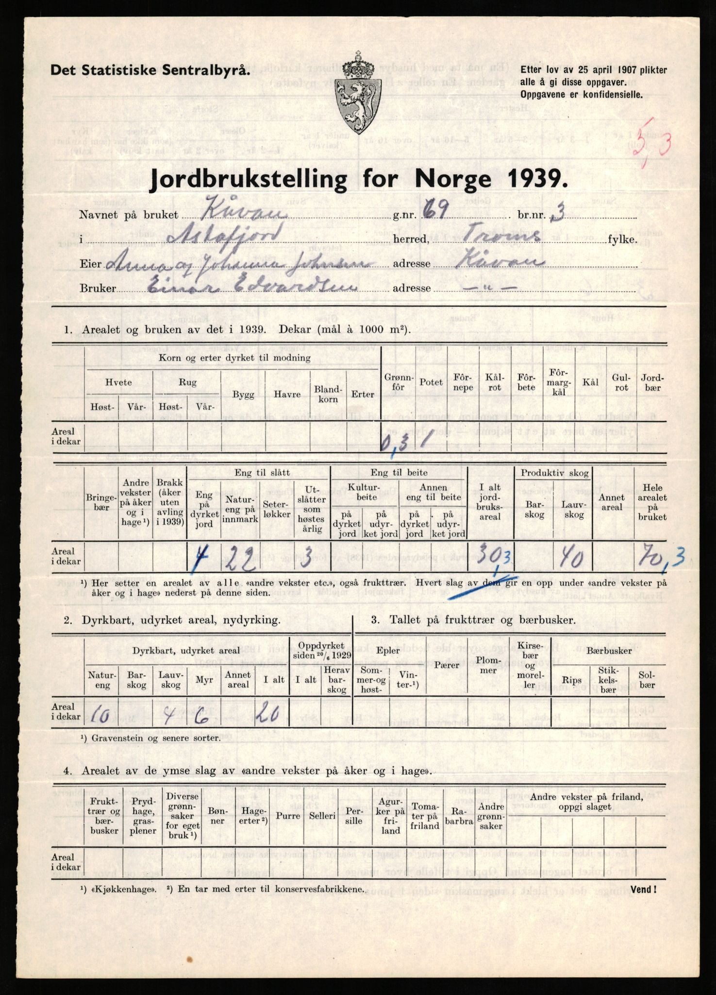 Statistisk sentralbyrå, Næringsøkonomiske emner, Jordbruk, skogbruk, jakt, fiske og fangst, AV/RA-S-2234/G/Gb/L0339: Troms: Andørja, Astafjord og Lavangen, 1939, p. 91