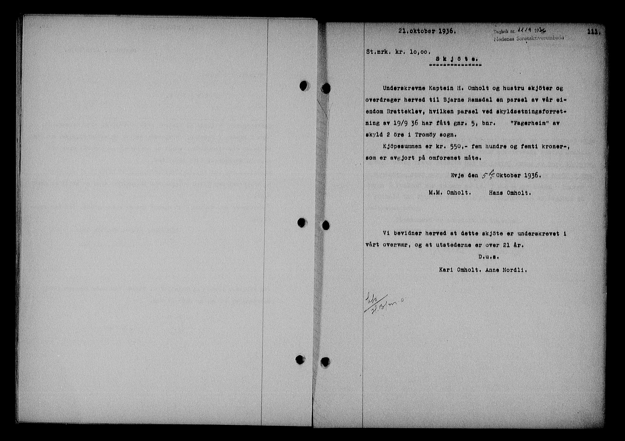 Nedenes sorenskriveri, SAK/1221-0006/G/Gb/Gba/L0043: Mortgage book no. 39, 1936-1937, Diary no: : 1119/1936