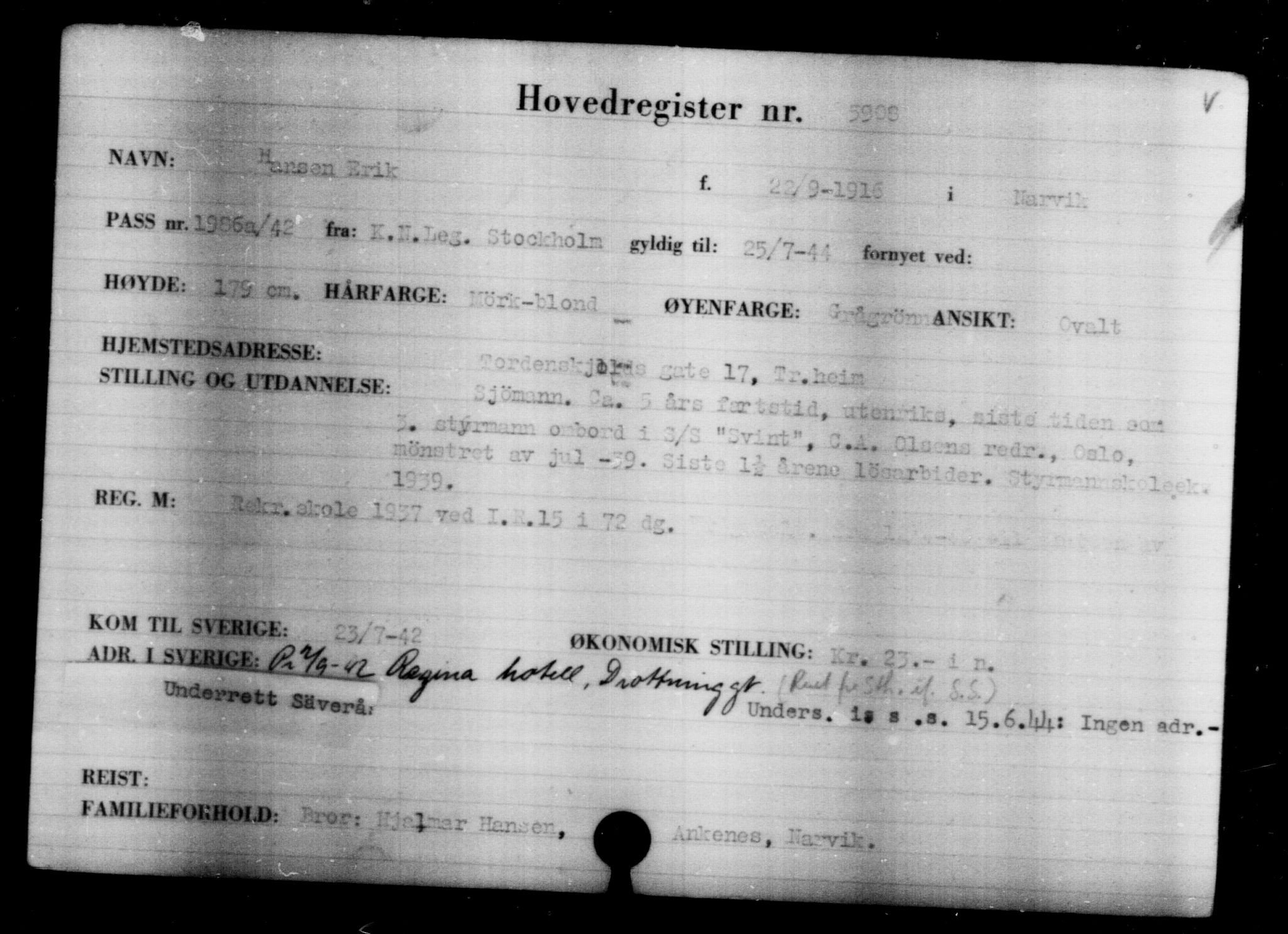 Utenriksstasjonene, Legasjonen i Stockholm, Flyktningkontoret, AV/RA-S-6753/V/Va/L0004: Kjesäterkartoteket, flyktninger med registreringsnr. 3496-6610, 1940-1945, p. 2810