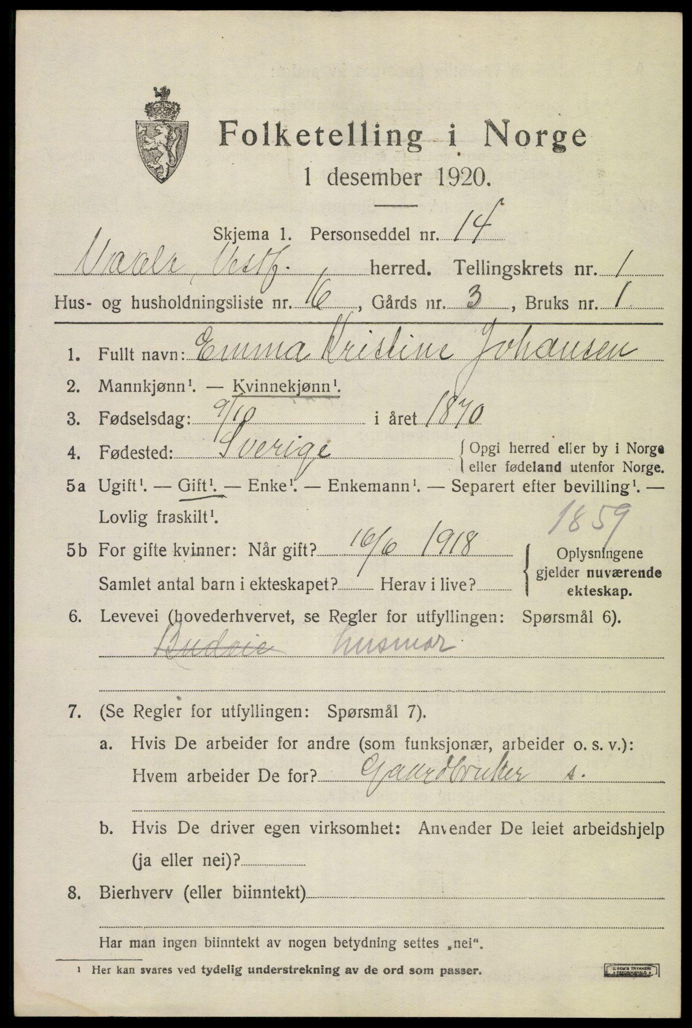 SAKO, 1920 census for Våle, 1920, p. 1260