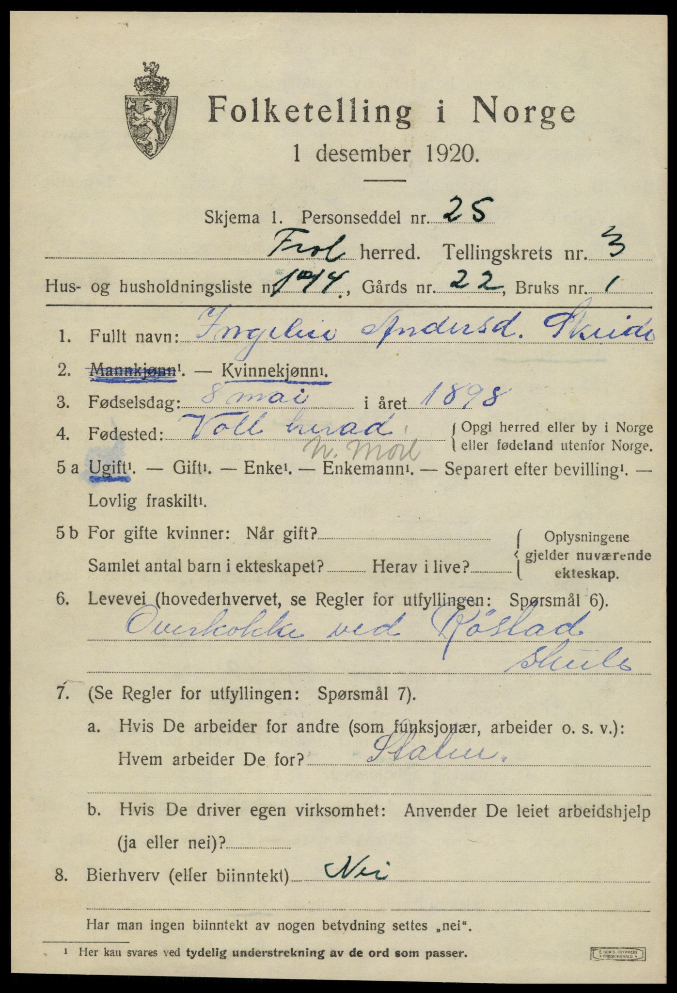 SAT, 1920 census for Frol, 1920, p. 4869