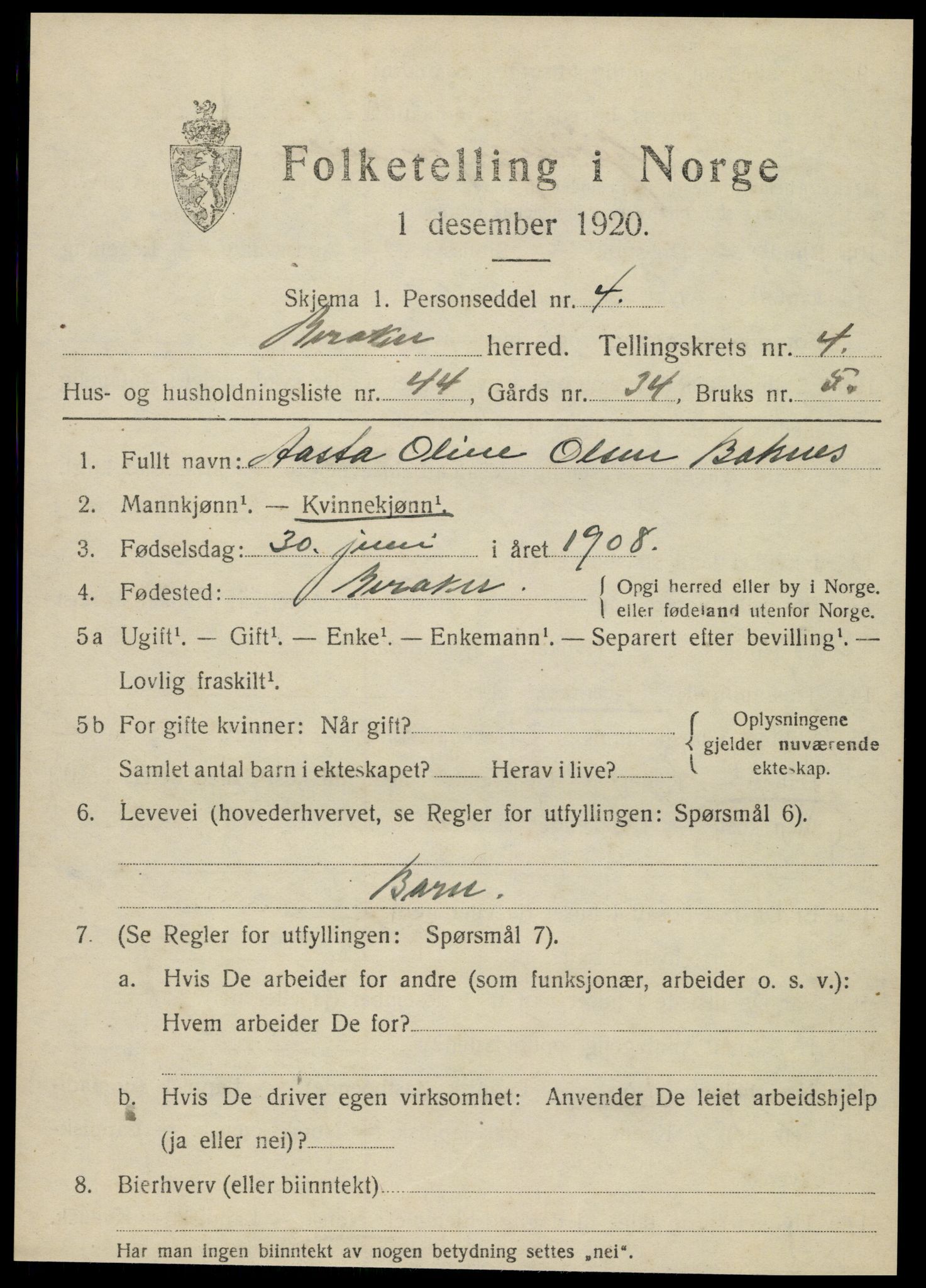 SAT, 1920 census for Meråker, 1920, p. 4018