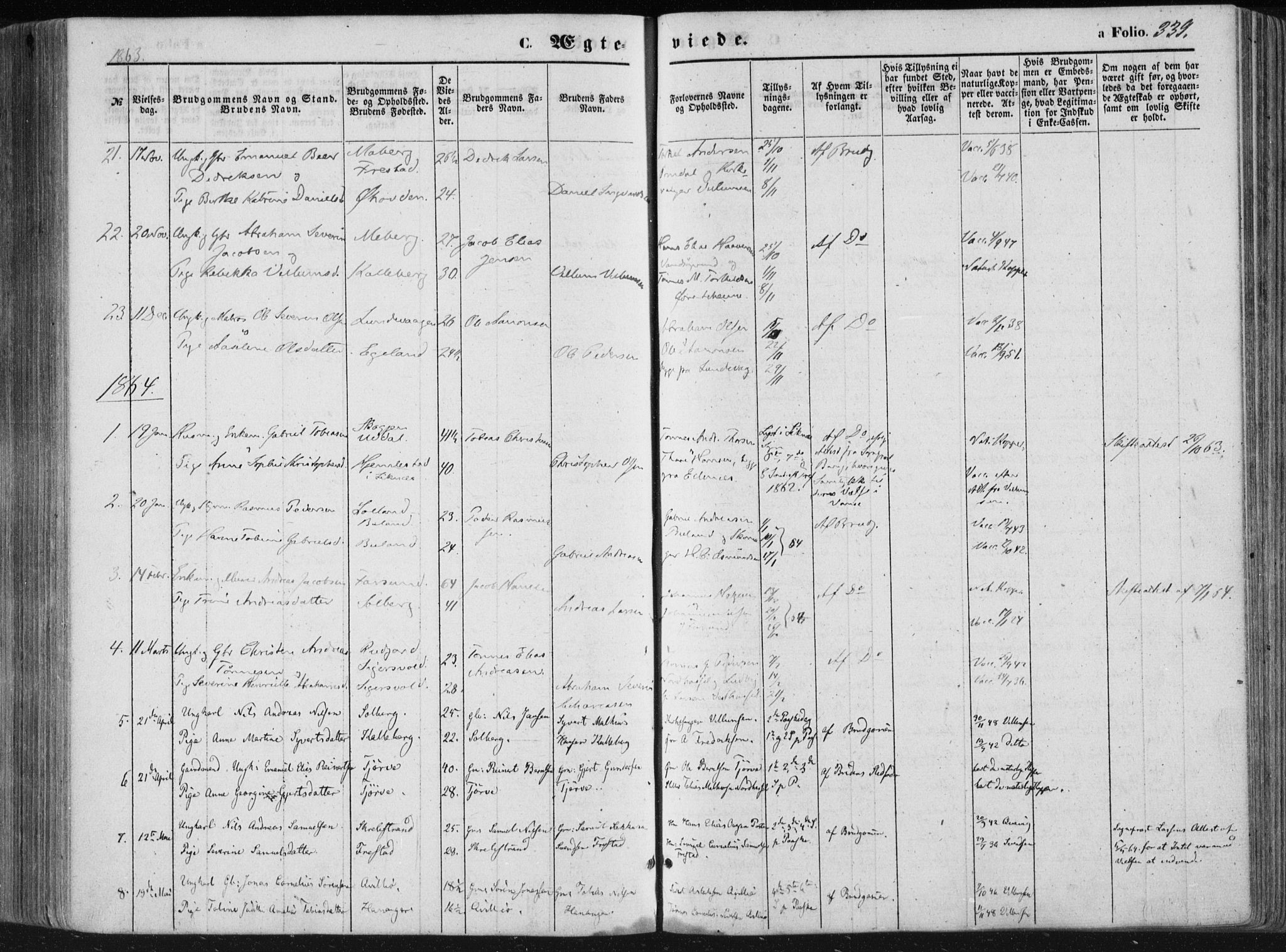 Lista sokneprestkontor, AV/SAK-1111-0027/F/Fa/L0011: Parish register (official) no. A 11, 1861-1878, p. 339